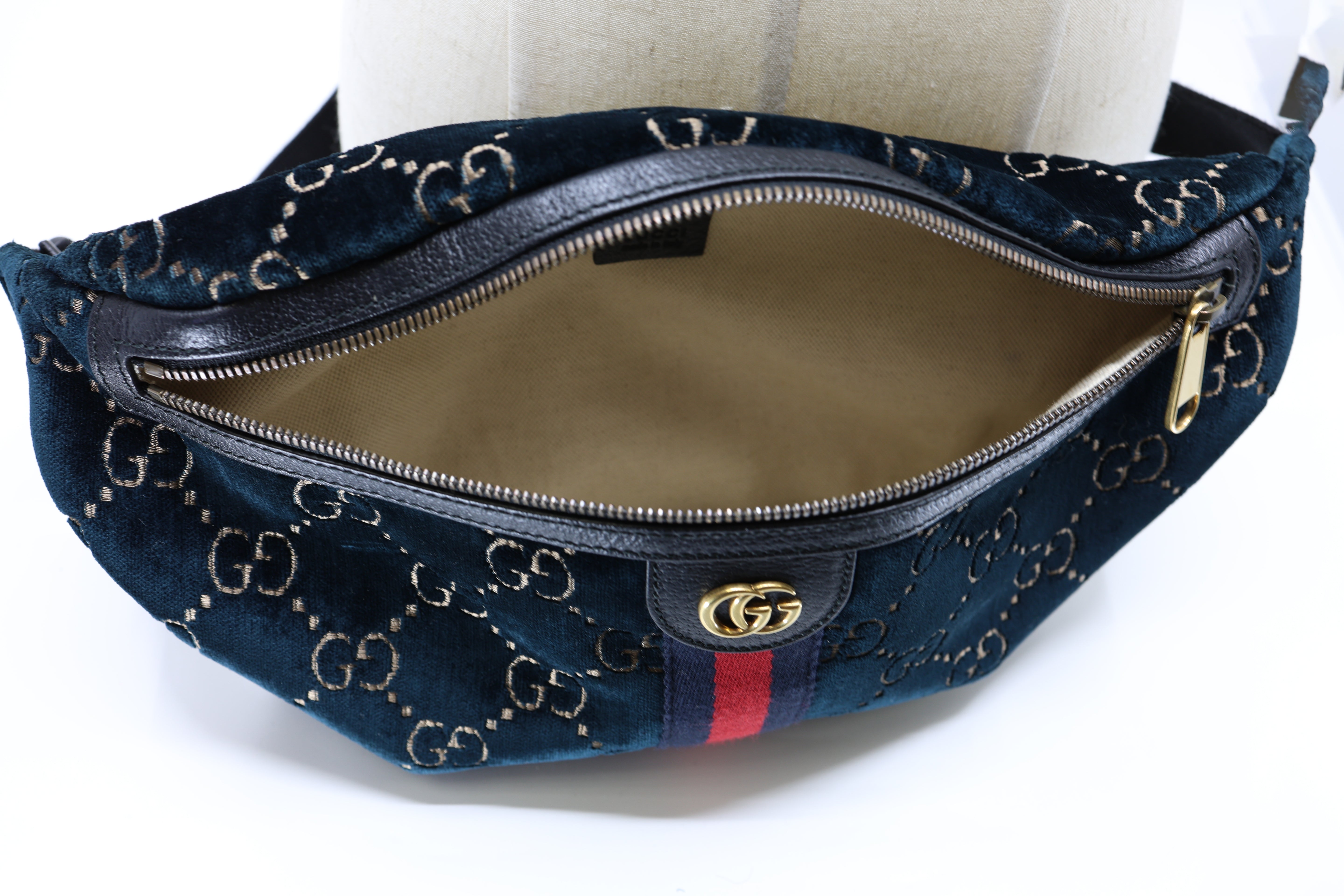 Gucci Velvet GG Monogram Web Belt Bag Blue Beige