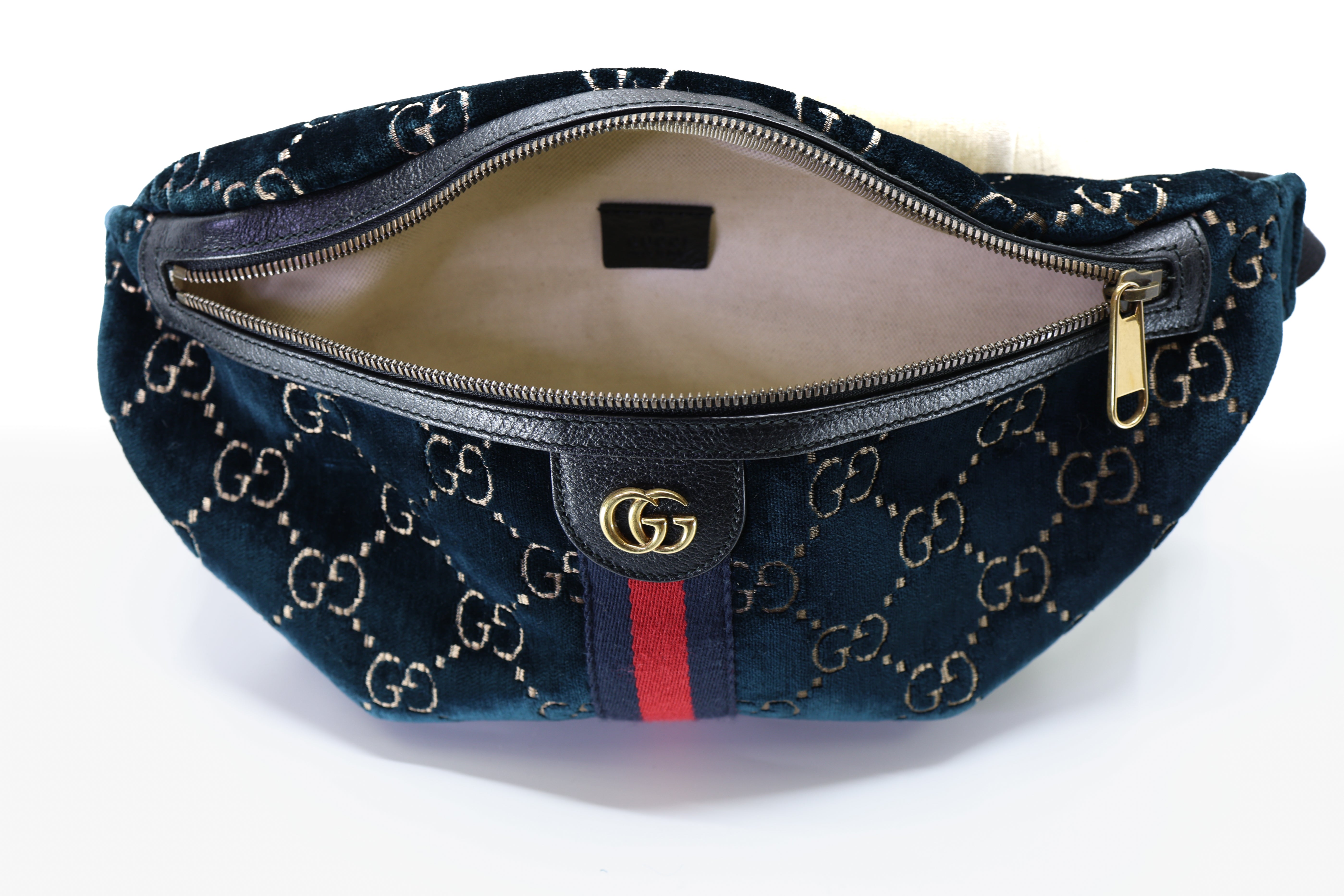 Gucci Velvet GG Monogram Web Belt Bag Blue Beige