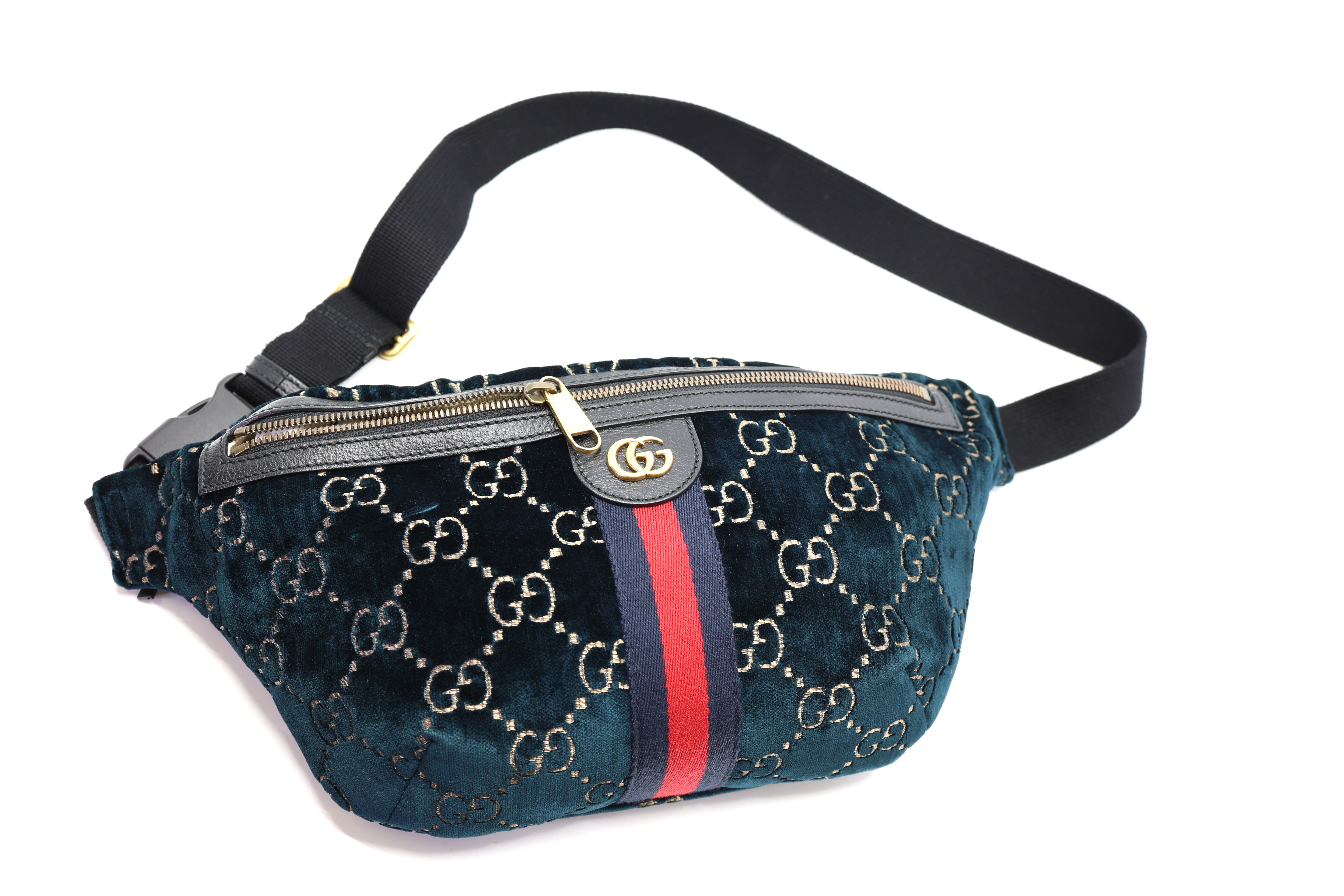 Gucci Velvet GG Monogram Web Belt Bag Blue Beige