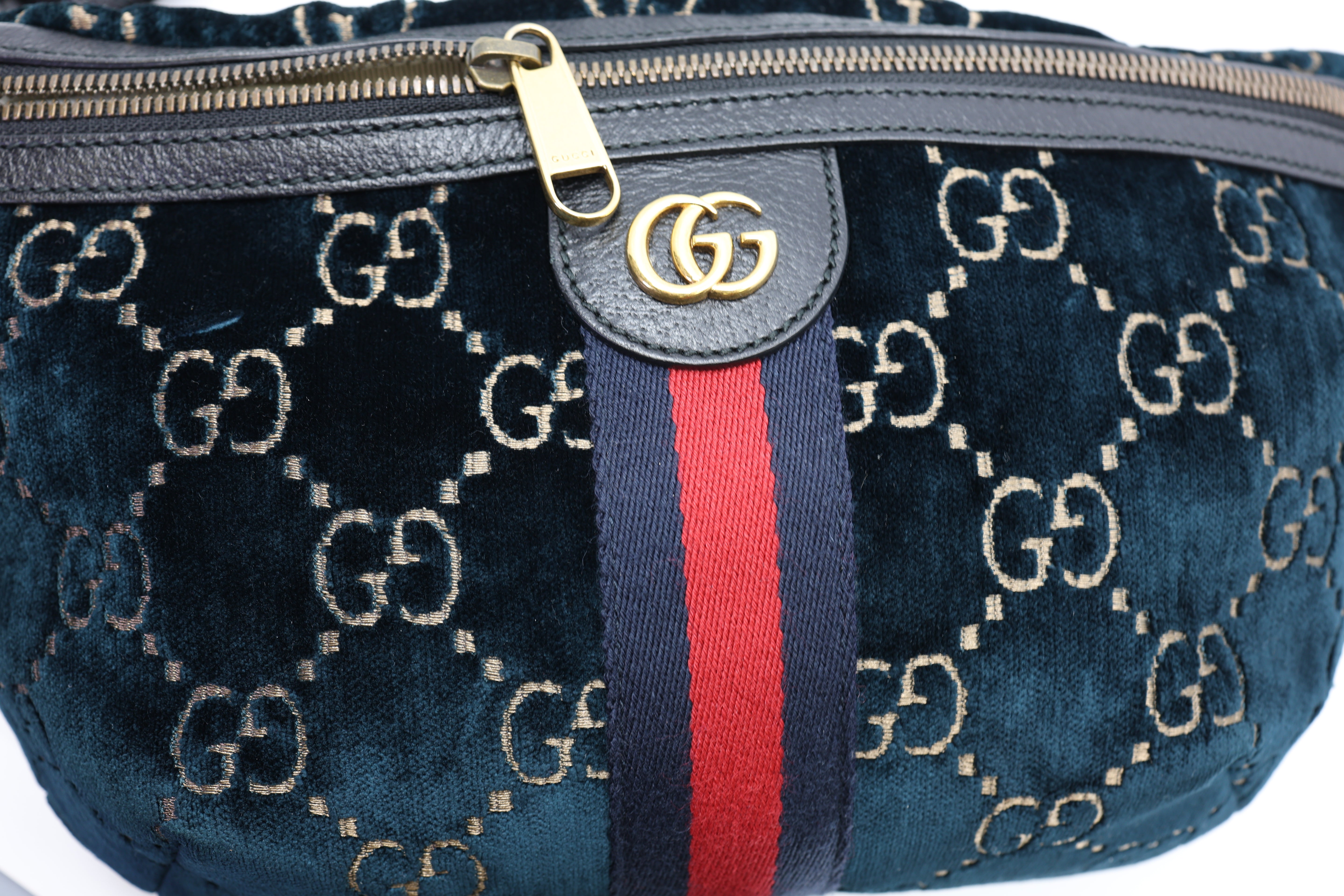 Gucci Velvet GG Monogram Web Belt Bag Blue Beige