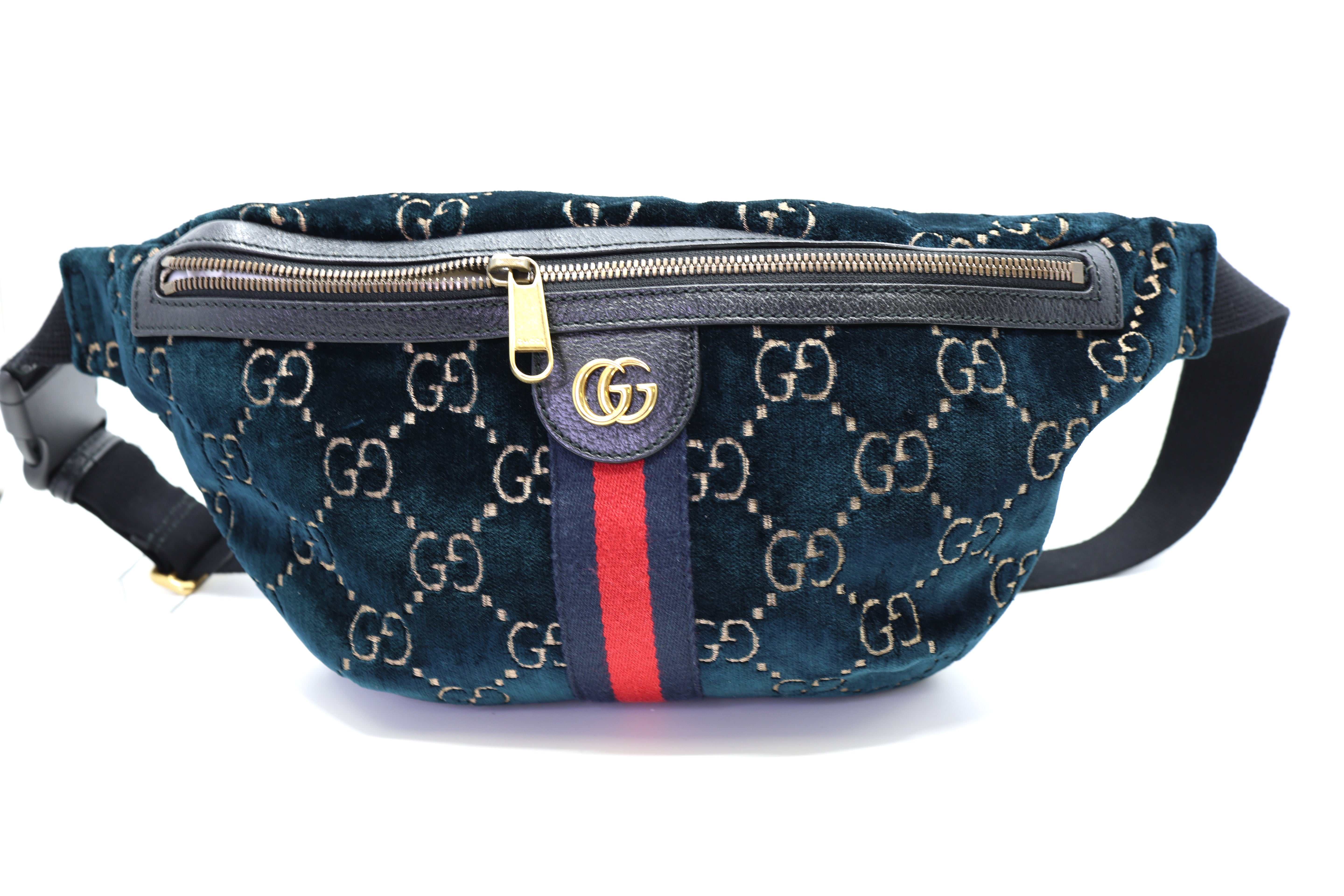 Gucci Velvet GG Monogram Web Belt Bag Blue Beige