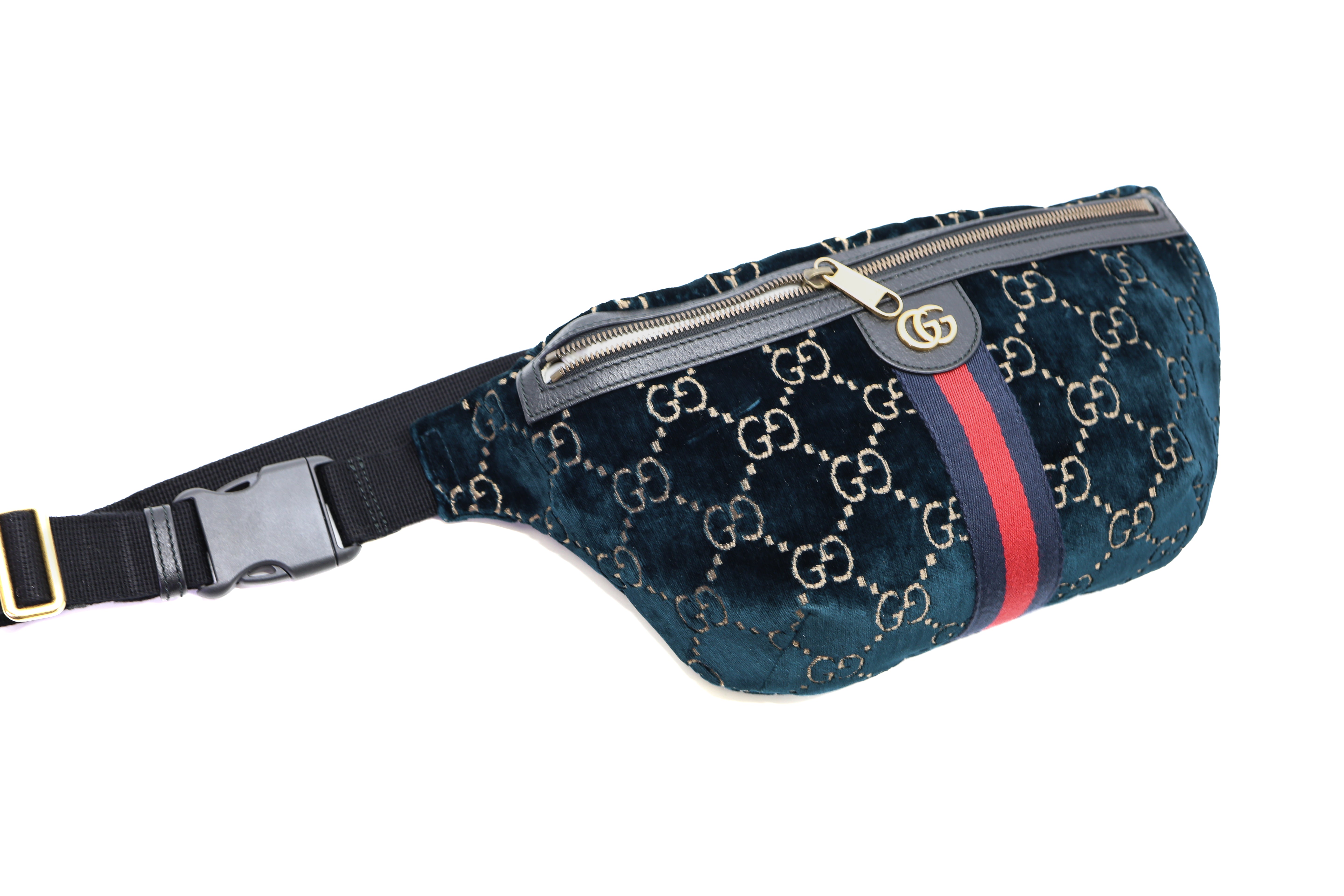 Gucci Velvet GG Monogram Web Belt Bag Blue Beige