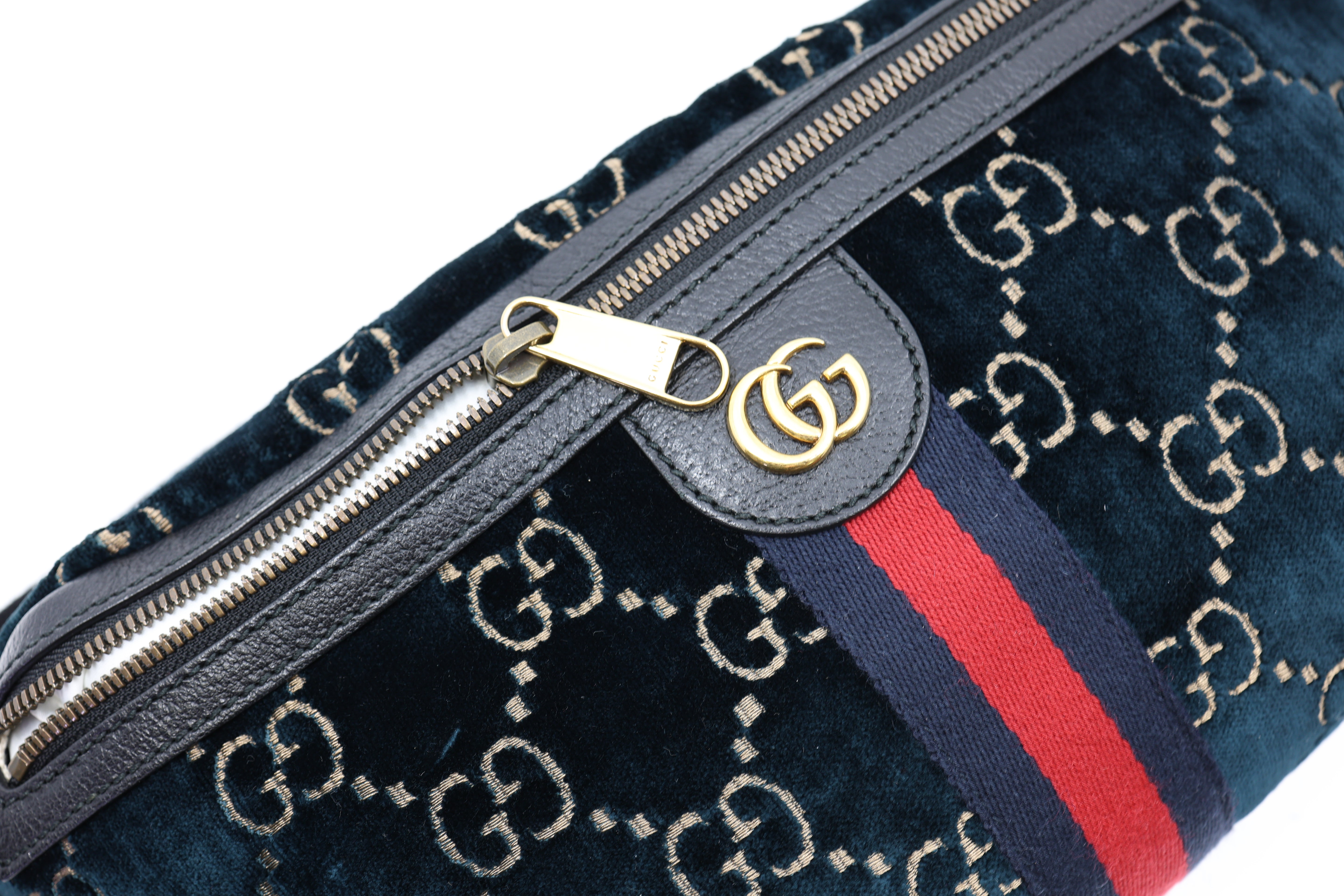 Gucci Velvet GG Monogram Web Belt Bag Blue Beige