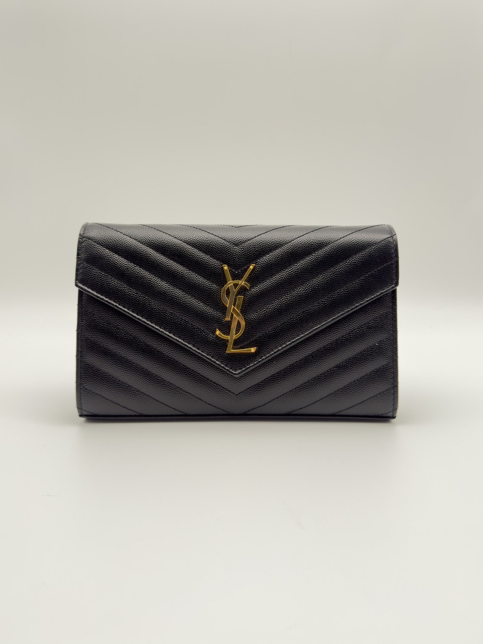 Yves Saint Laurent Black Quilted Grained Leather Envelope Wallet on Chain