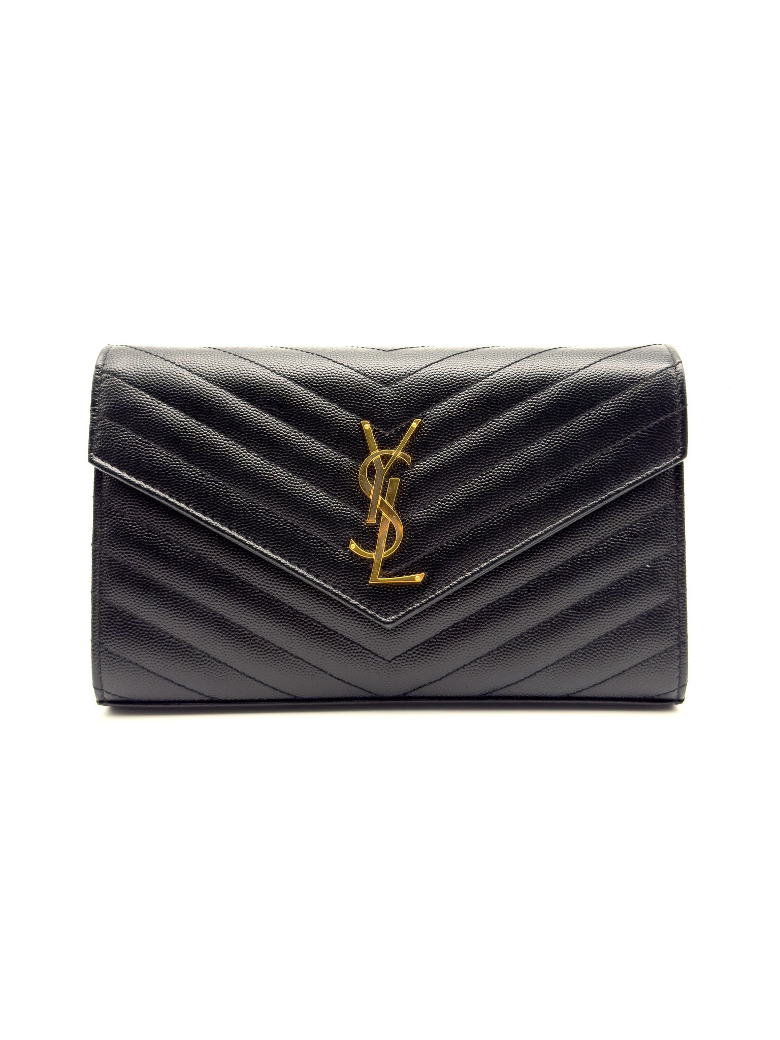 Yves Saint Laurent Black Quilted Grained Leather Envelope Wallet on Chain