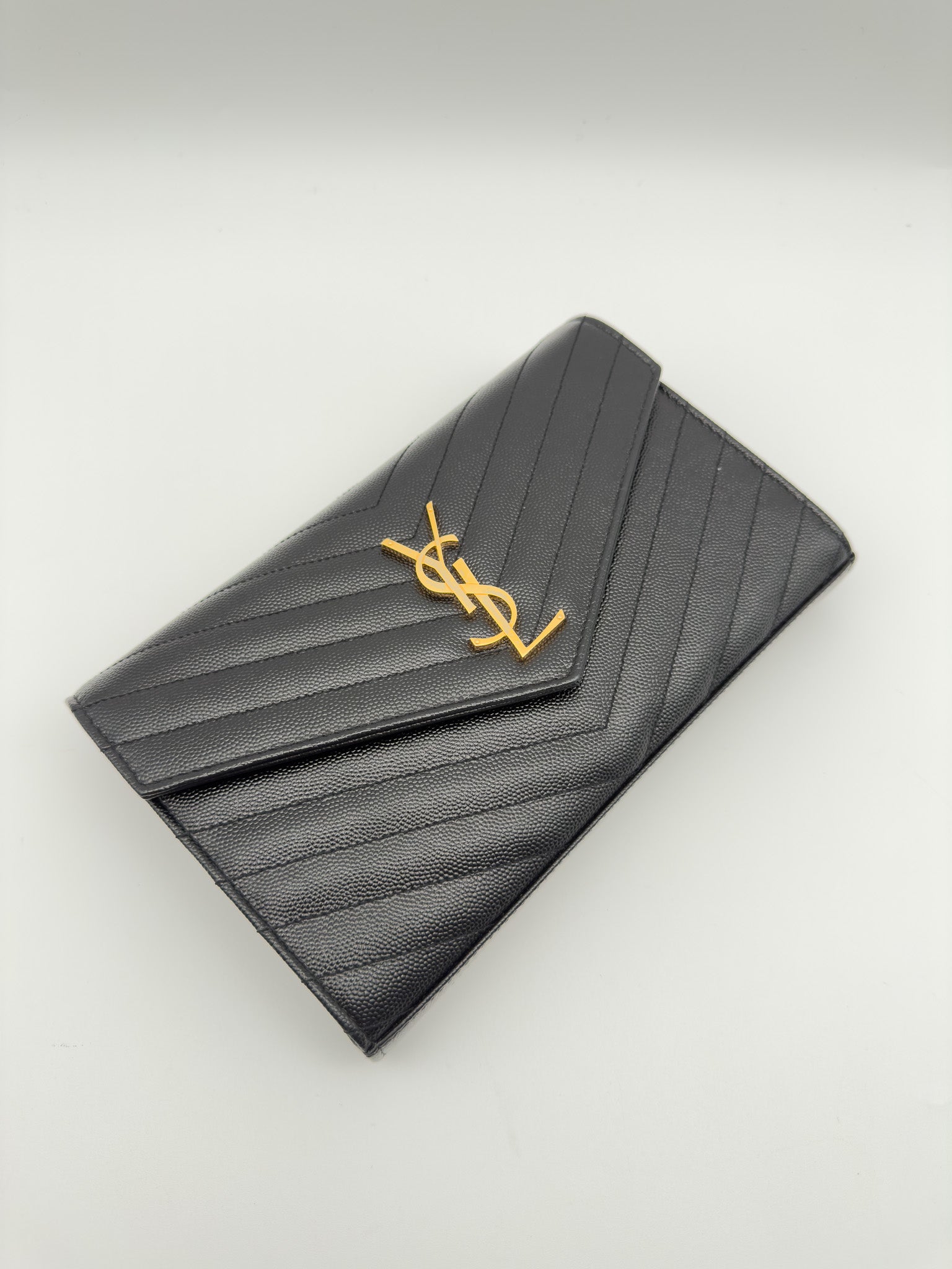 Yves Saint Laurent Black Quilted Grained Leather Envelope Wallet on Chain