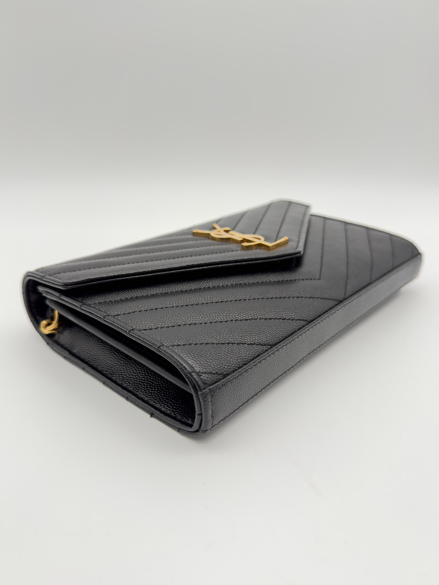 Yves Saint Laurent Black Quilted Grained Leather Envelope Wallet on Chain