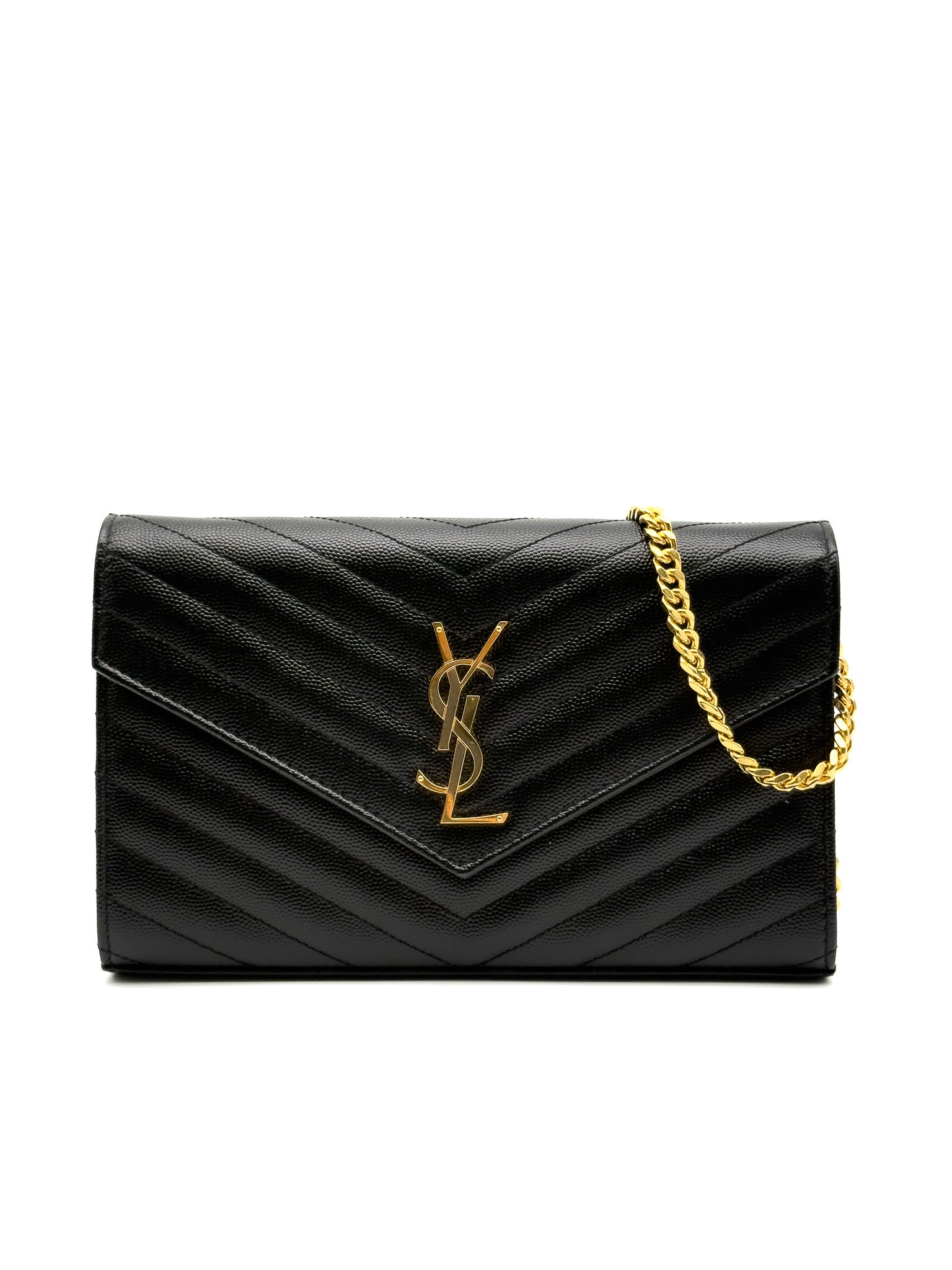 Yves Saint Laurent Black Quilted Grained Leather Envelope Wallet on Chain