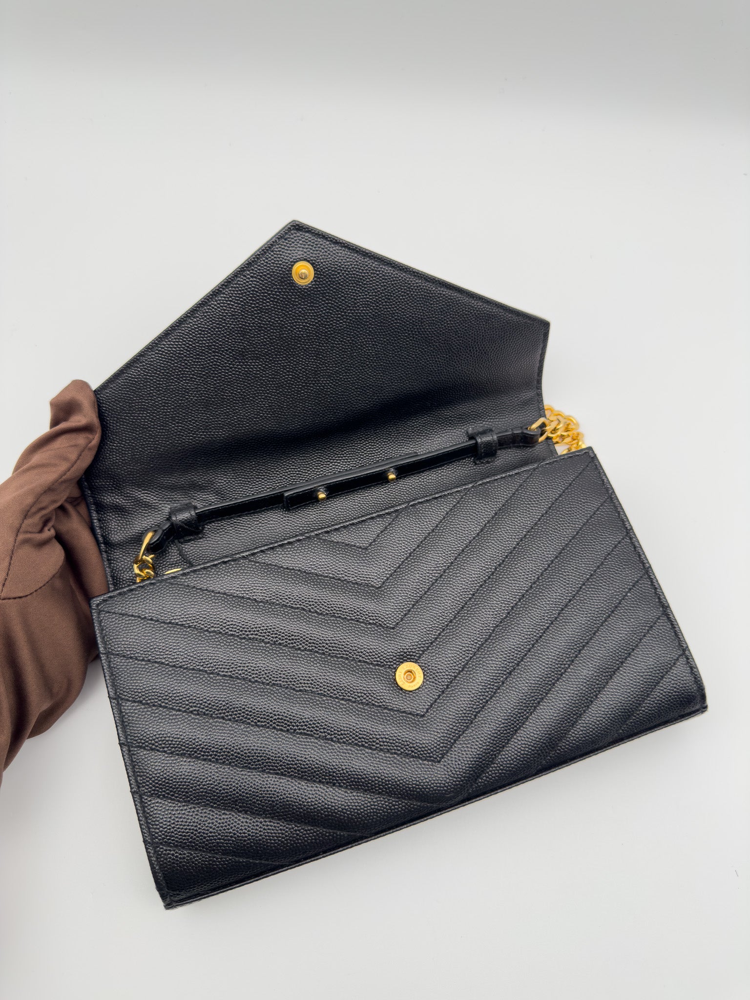 Yves Saint Laurent Black Quilted Grained Leather Envelope Wallet on Chain