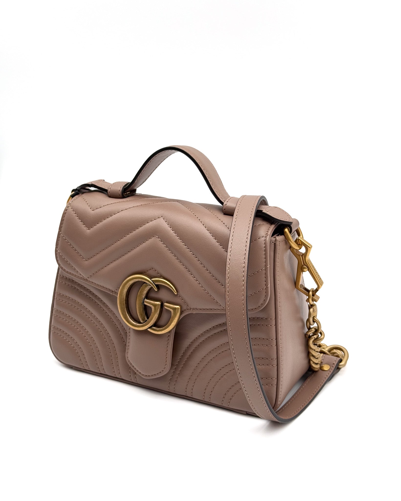 Gucci GG Marmont Mini Top Handle Bag in Dusty Pink Matelasse Chevron Leather GHW