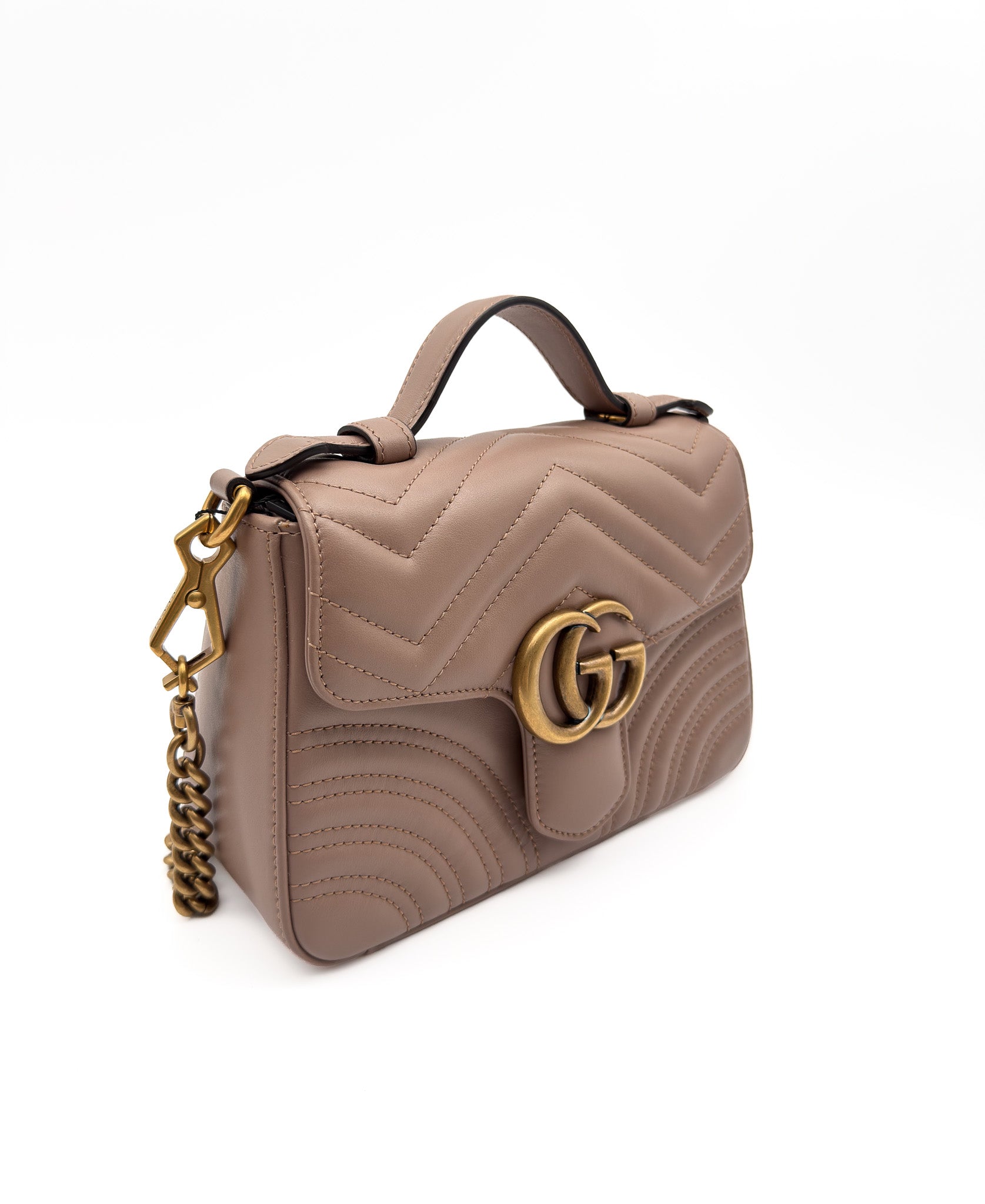 Gucci GG Marmont Mini Top Handle Bag in Dusty Pink Matelasse Chevron Leather GHW