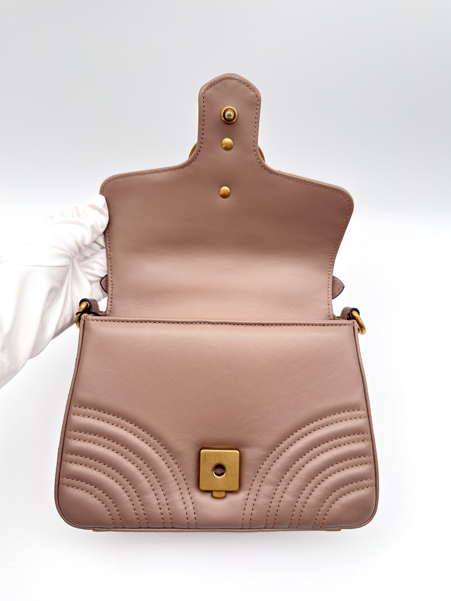 Gucci GG Marmont Mini Top Handle Bag in Dusty Pink Matelasse Chevron Leather GHW