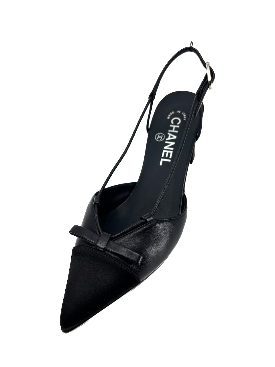 CHANEL Lambskin Satin Slingback Cap Toe Bow Pumps 37.5 Black