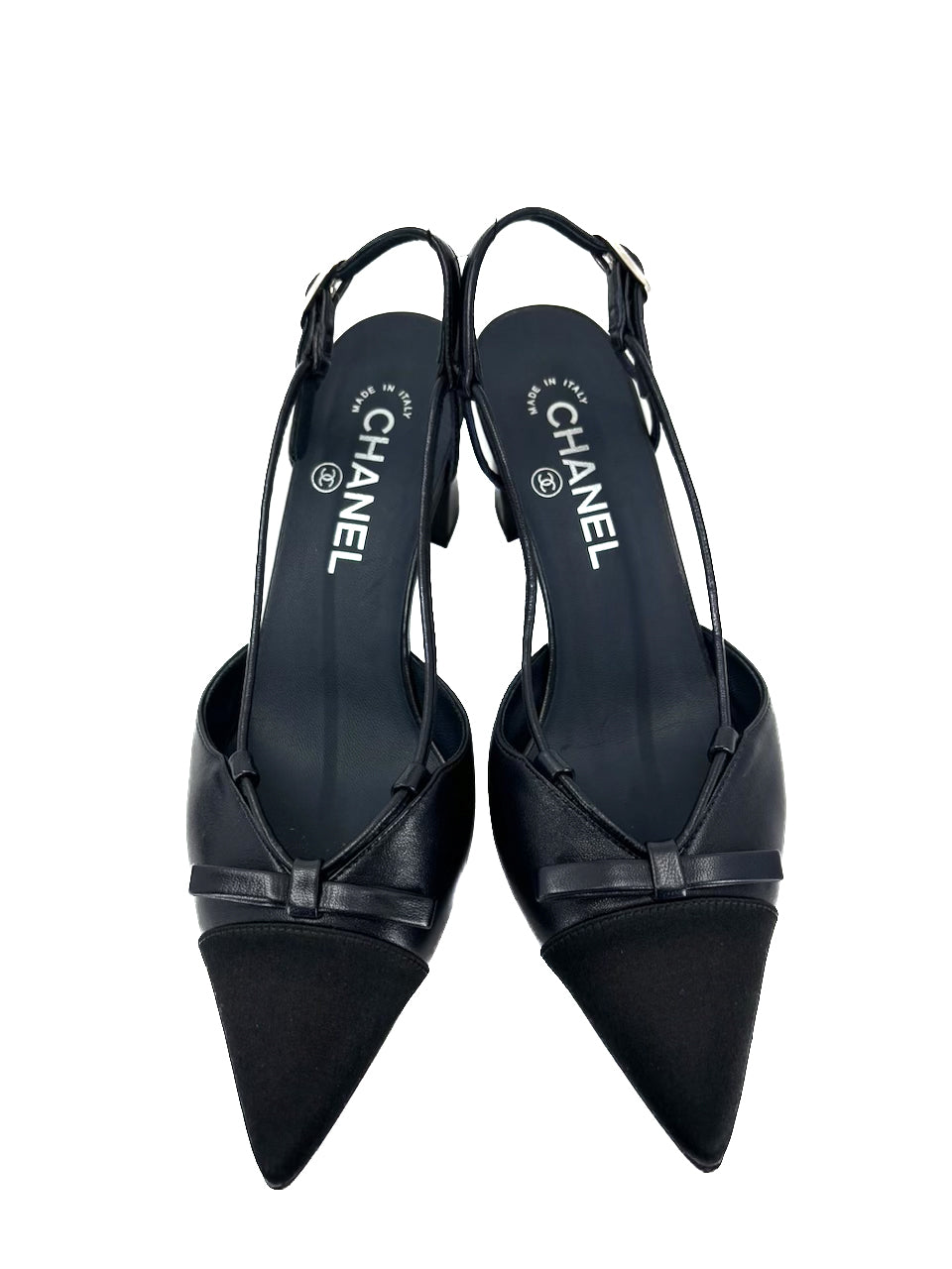 CHANEL Lambskin Satin Slingback Cap Toe Bow Pumps 37.5 Black