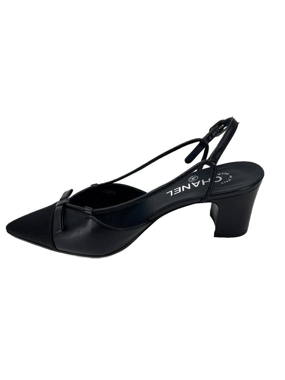 CHANEL Lambskin Satin Slingback Cap Toe Bow Pumps 37.5 Black