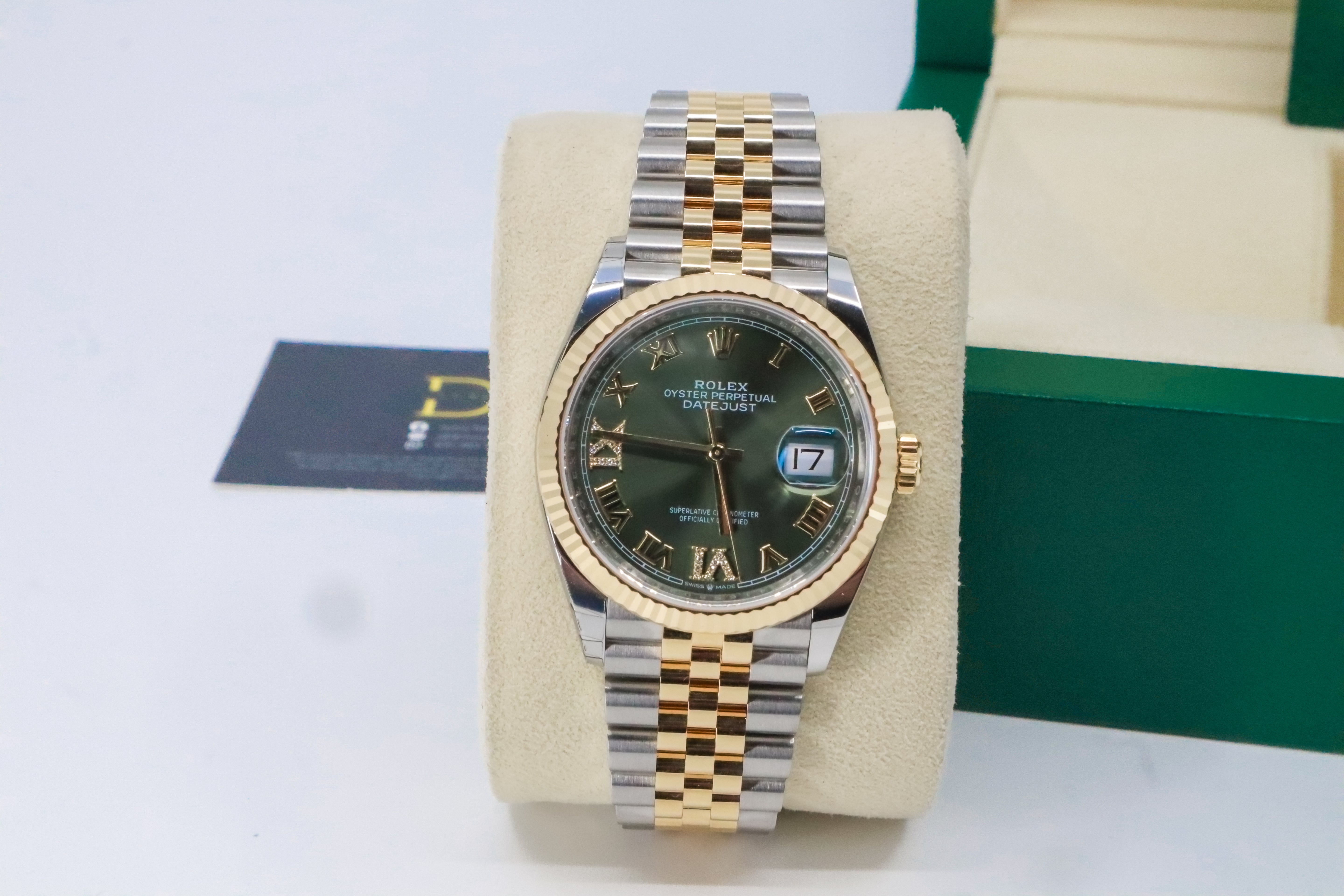 Rolex Datejust 36 Yellow Gold/Steel Olive Green Roman Diamond VIIX Dial & Fluted Bezel Jubilee Bracelet 126233