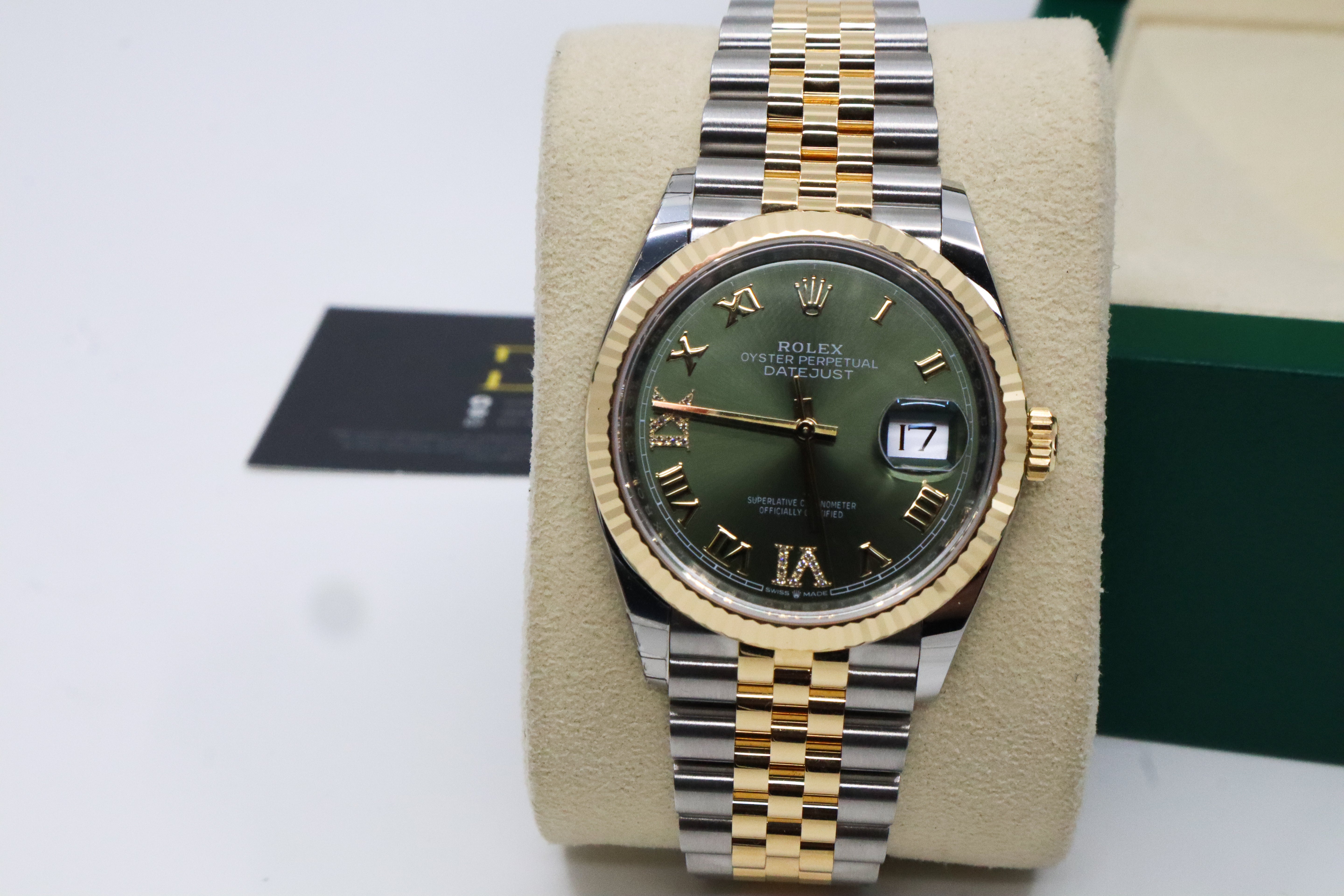 Rolex Datejust 36 Yellow Gold/Steel Olive Green Roman Diamond VIIX Dial & Fluted Bezel Jubilee Bracelet 126233