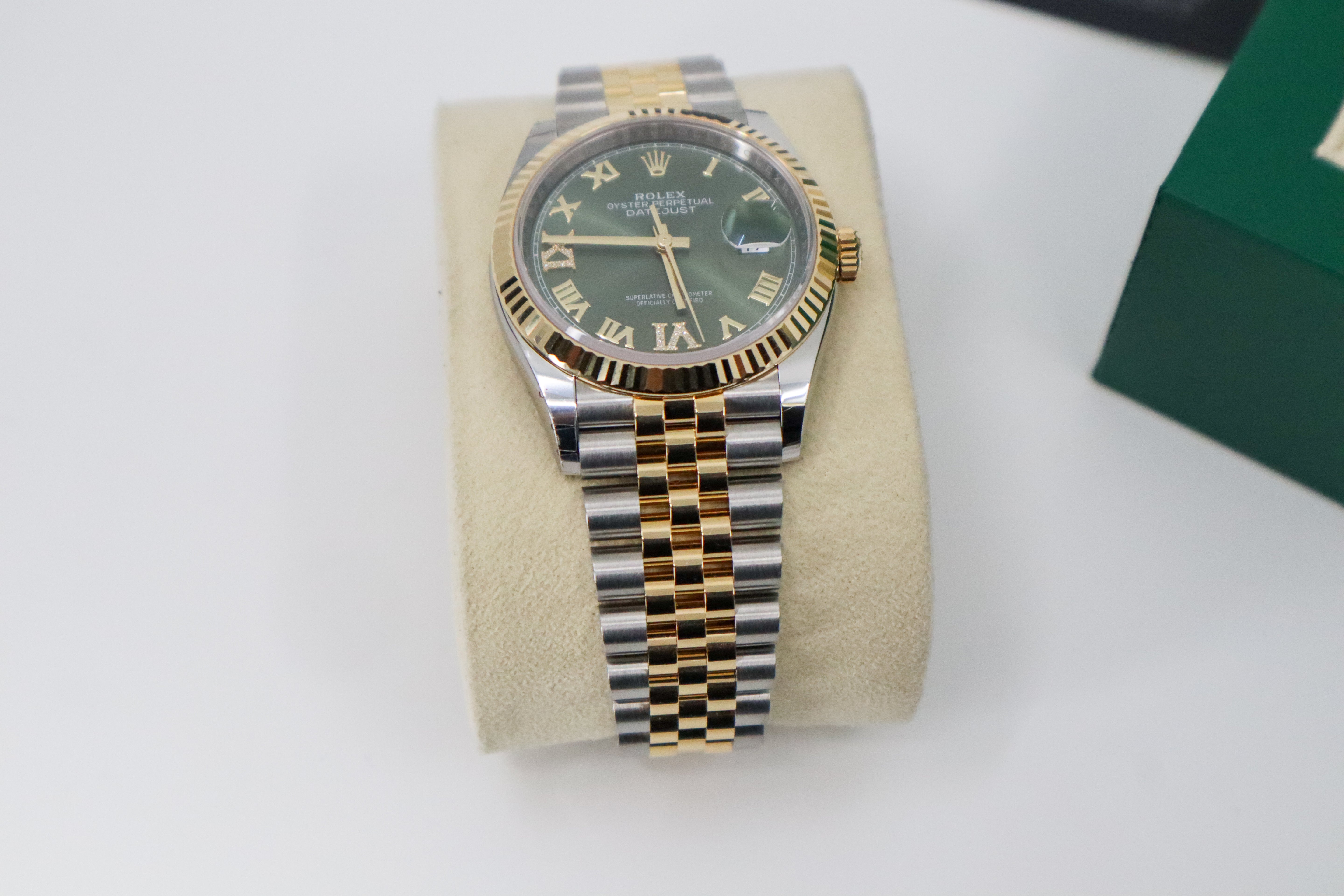 Rolex Datejust 36 Yellow Gold/Steel Olive Green Roman Diamond VIIX Dial & Fluted Bezel Jubilee Bracelet 126233