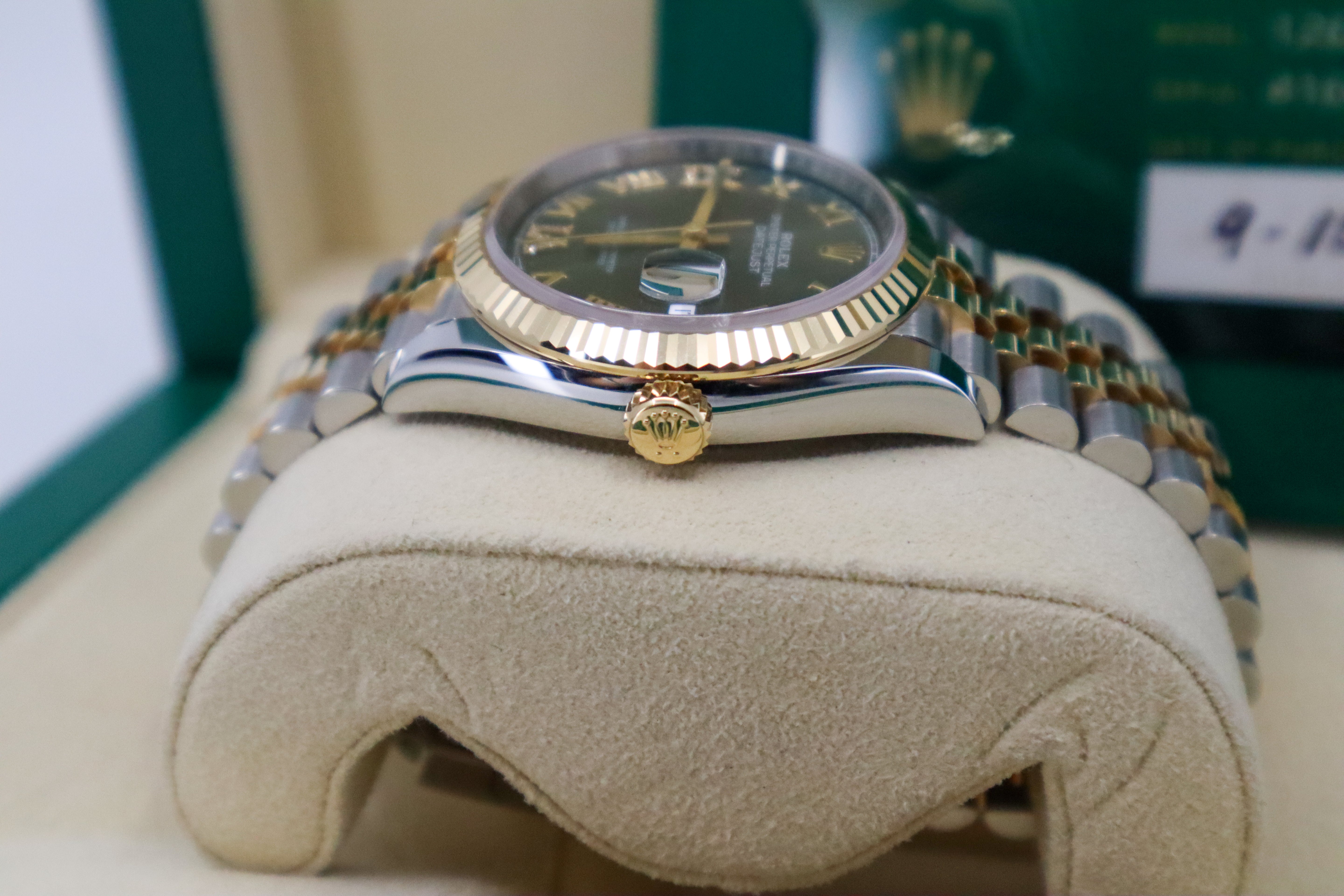 Rolex Datejust 36 Yellow Gold/Steel Olive Green Roman Diamond VIIX Dial & Fluted Bezel Jubilee Bracelet 126233