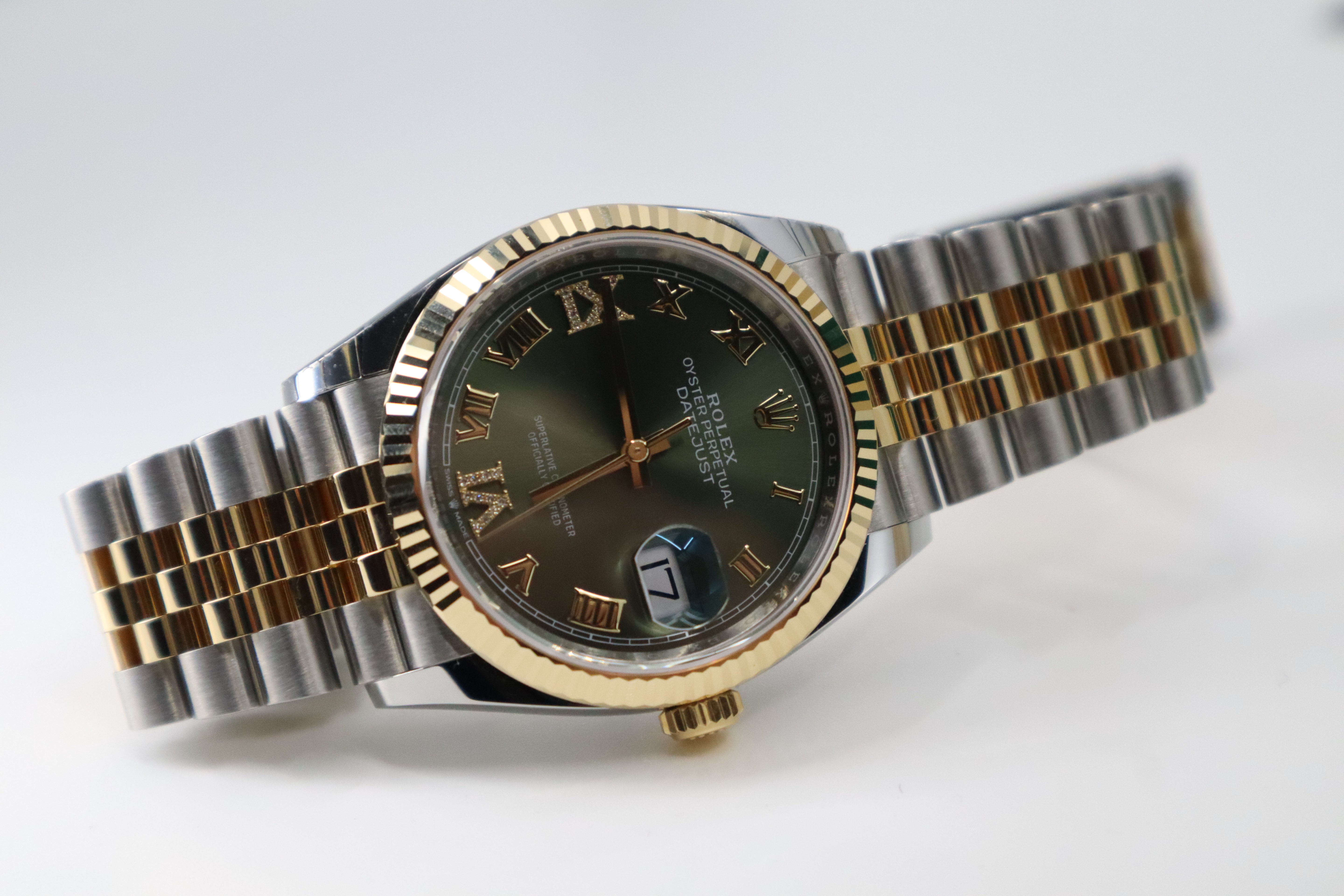 Rolex Datejust 36 Yellow Gold/Steel Olive Green Roman Diamond VIIX Dial & Fluted Bezel Jubilee Bracelet 126233