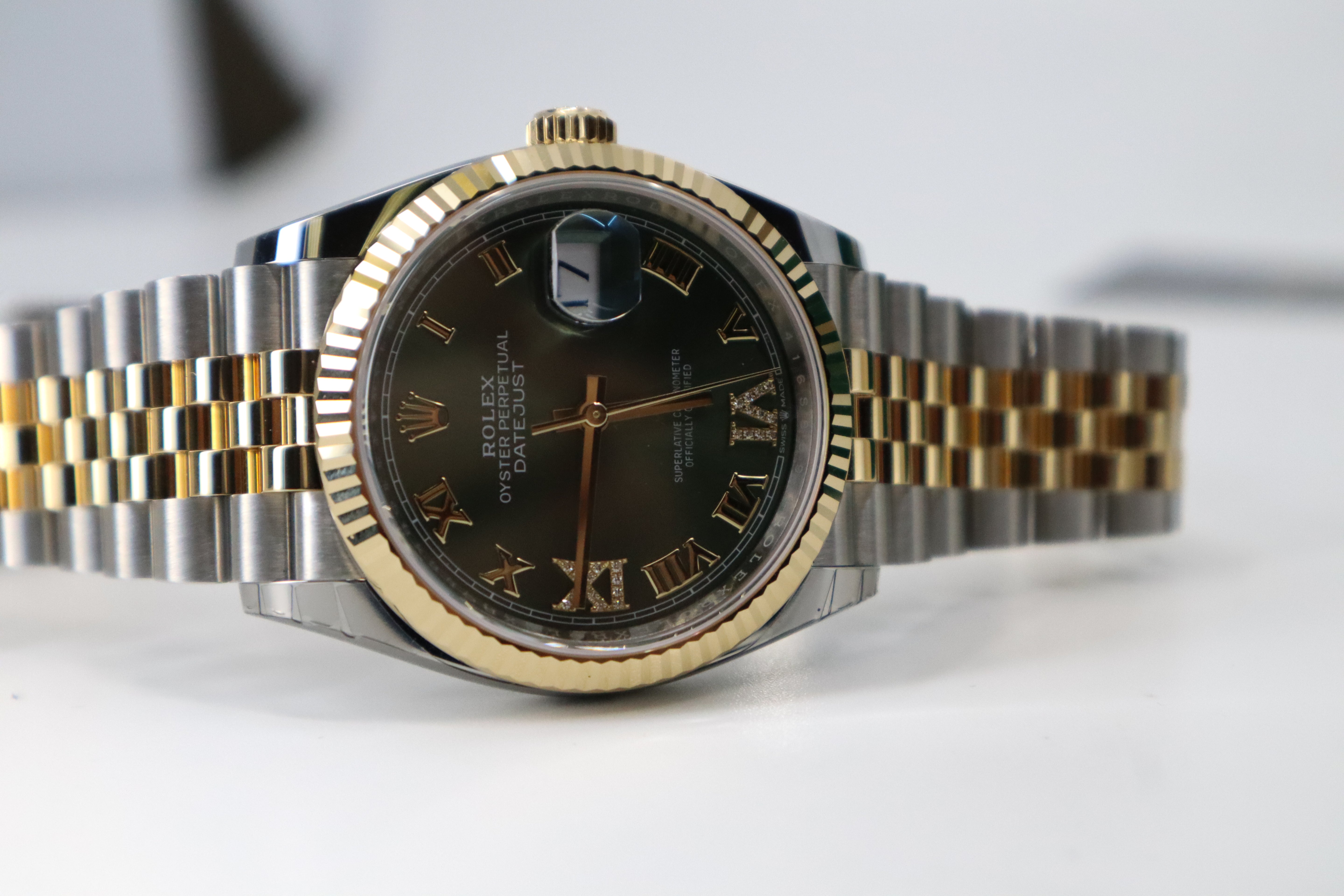 Rolex Datejust 36 Yellow Gold/Steel Olive Green Roman Diamond VIIX Dial & Fluted Bezel Jubilee Bracelet 126233