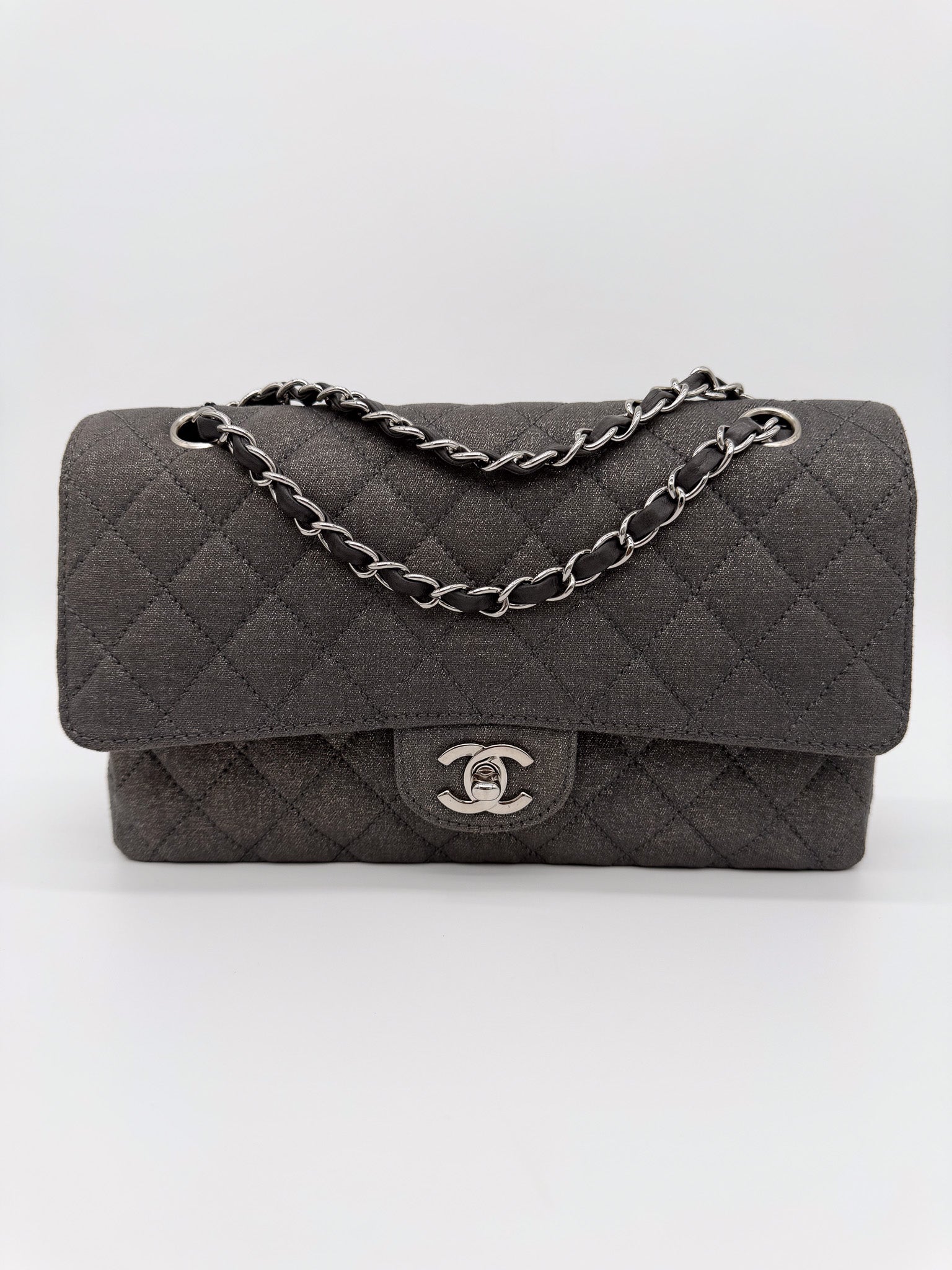 Chanel Denim Classic Double Flap Bag in Metallic Grey