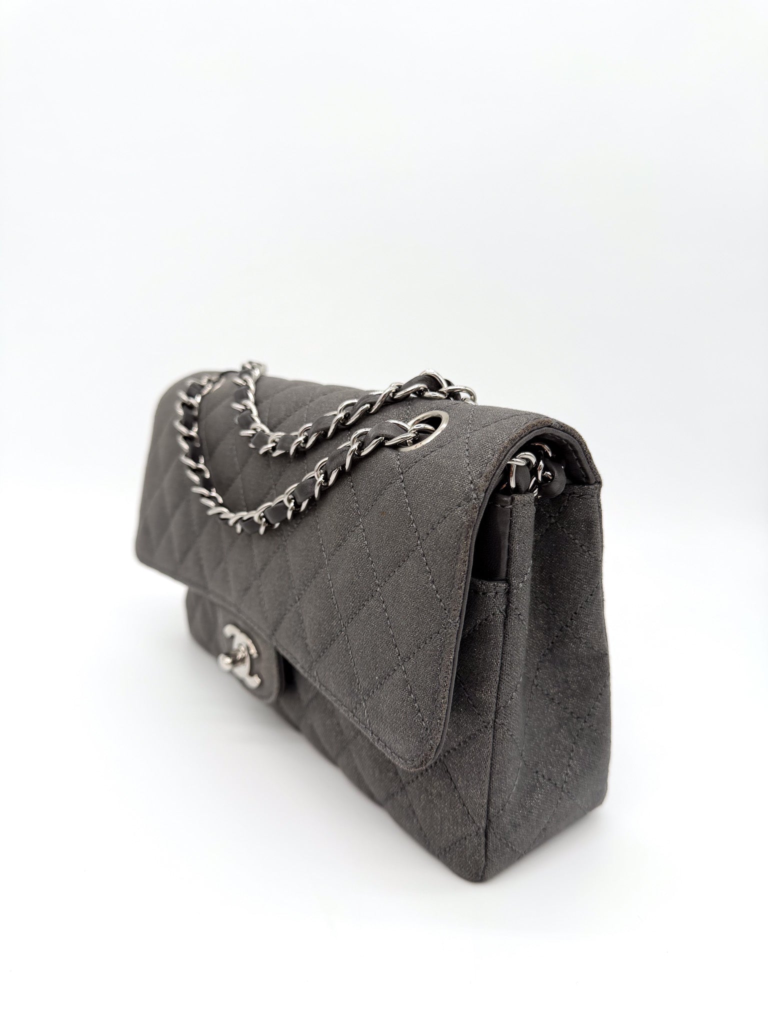 Chanel Denim Classic Double Flap Bag in Metallic Grey