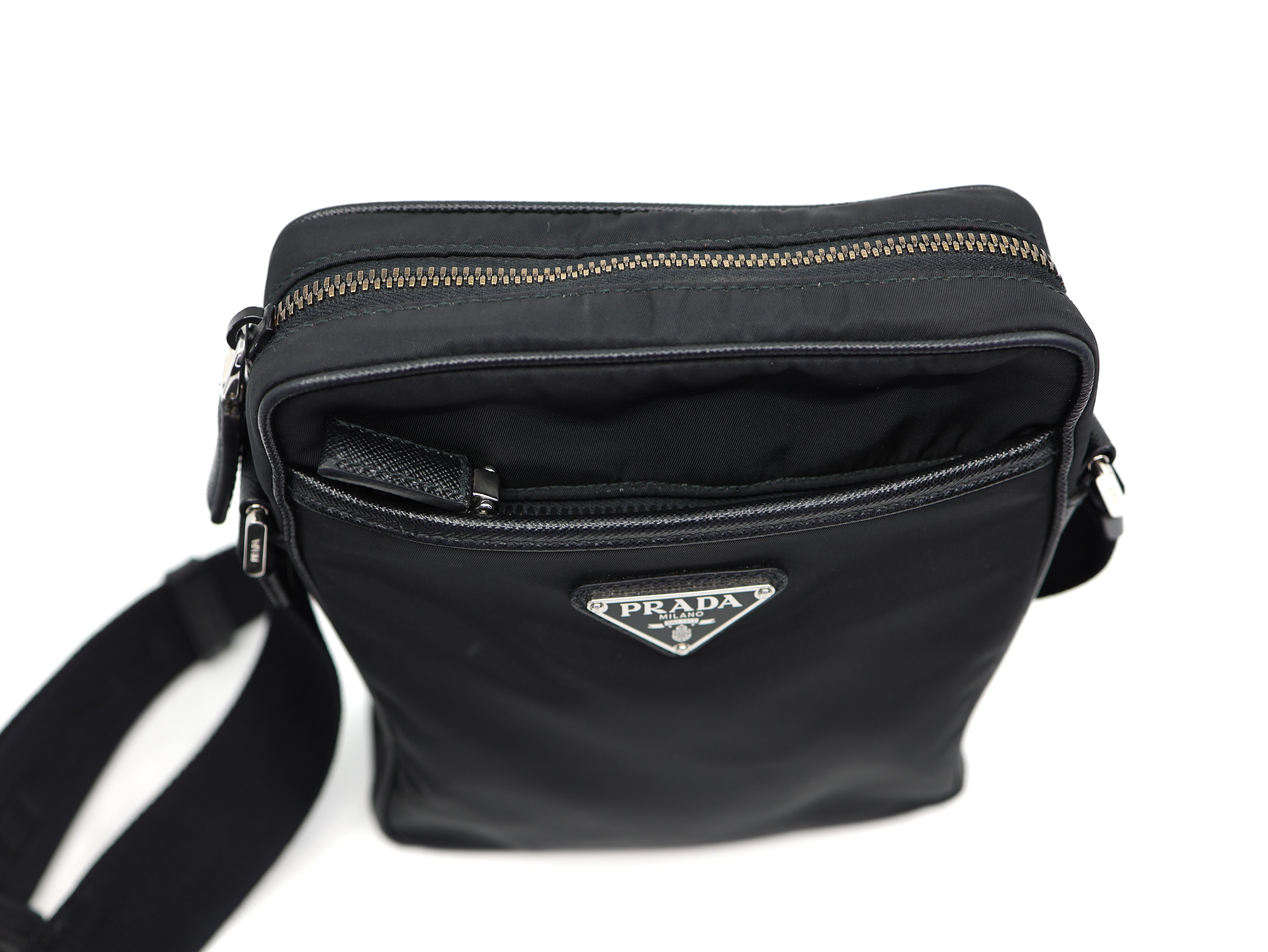 Prada Tessuto Nylon Saffiano Pocket Messenger Shoulder Bag Black