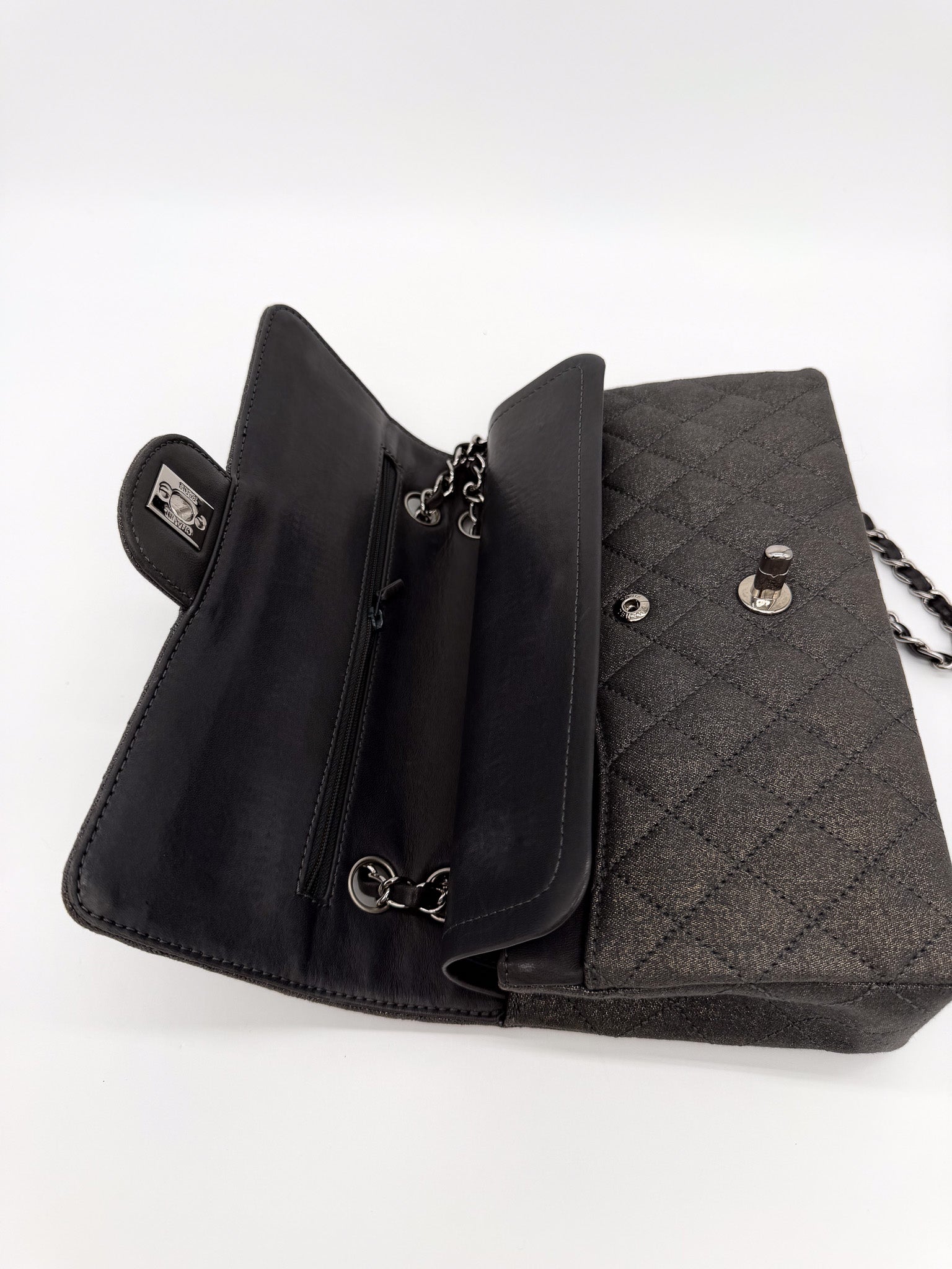 Chanel Denim Classic Double Flap Bag in Metallic Grey