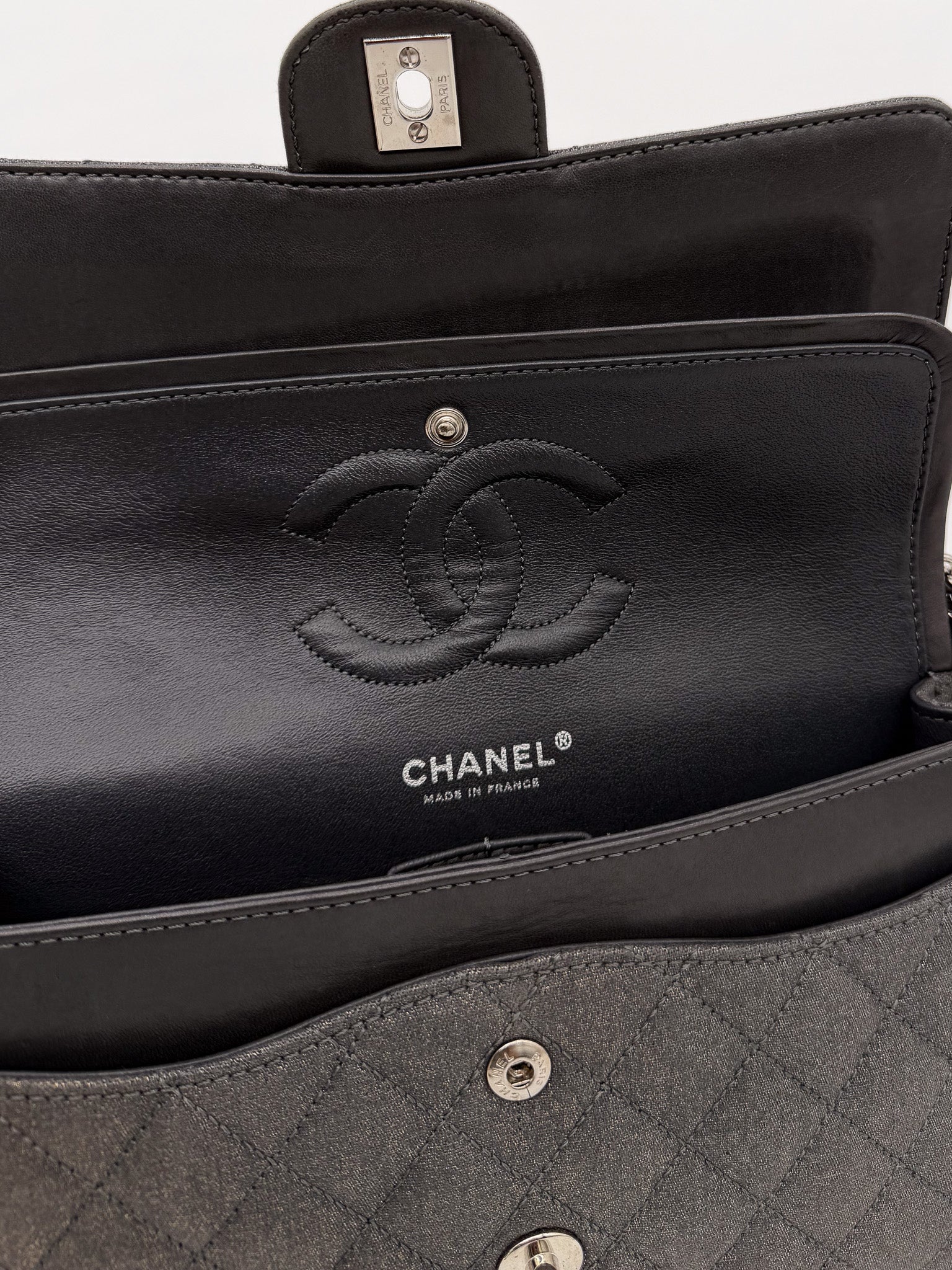 Chanel Denim Classic Double Flap Bag in Metallic Grey