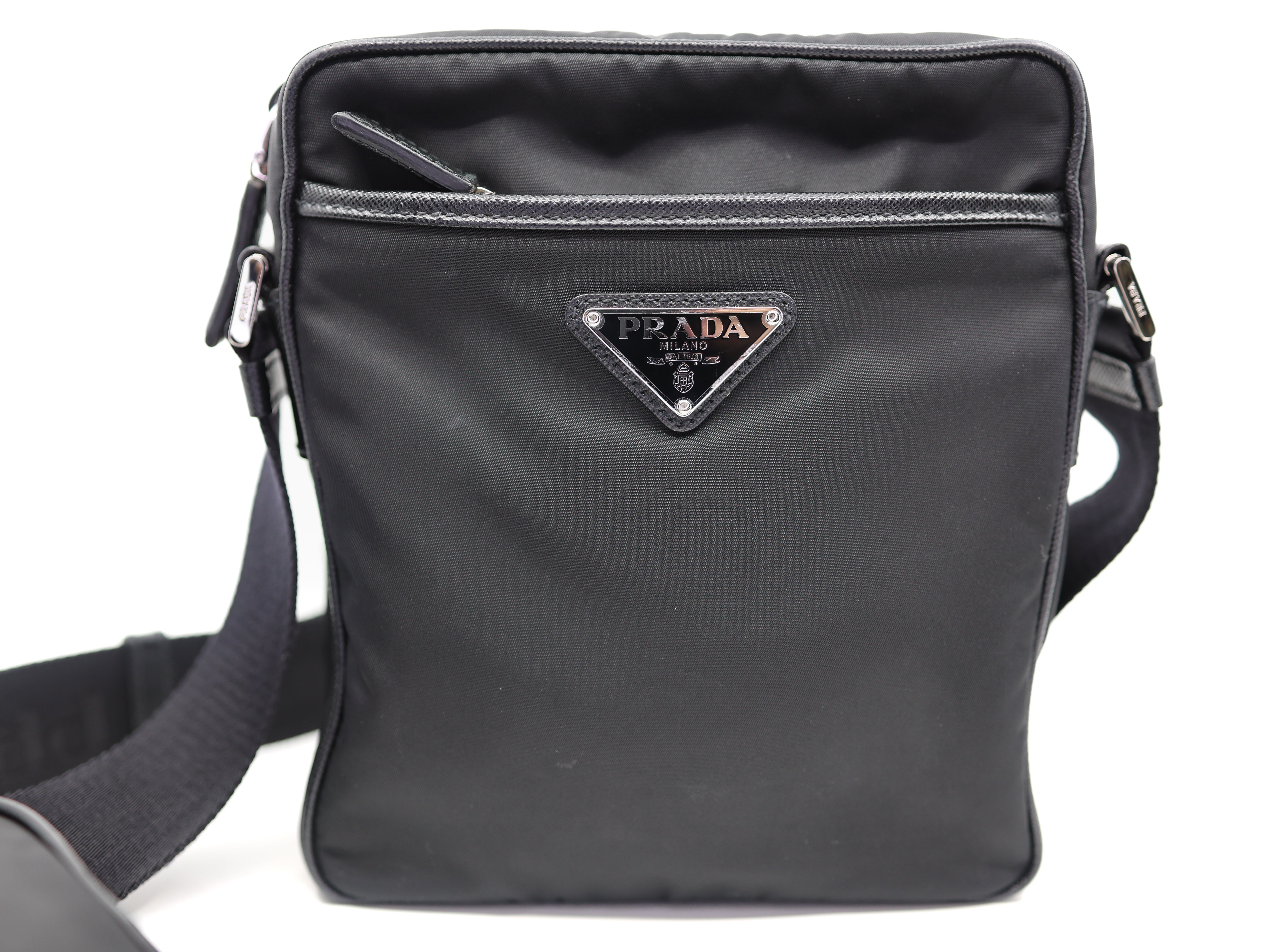 Prada Tessuto Nylon Saffiano Pocket Messenger Shoulder Bag Black