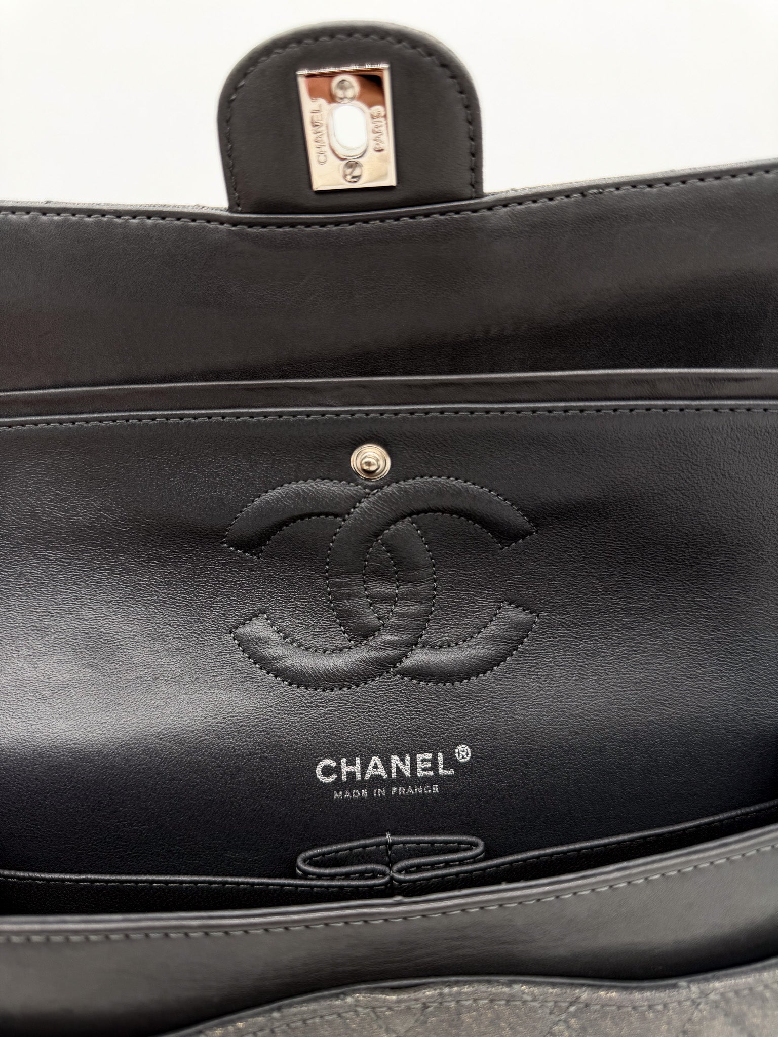 Chanel Denim Classic Double Flap Bag in Metallic Grey