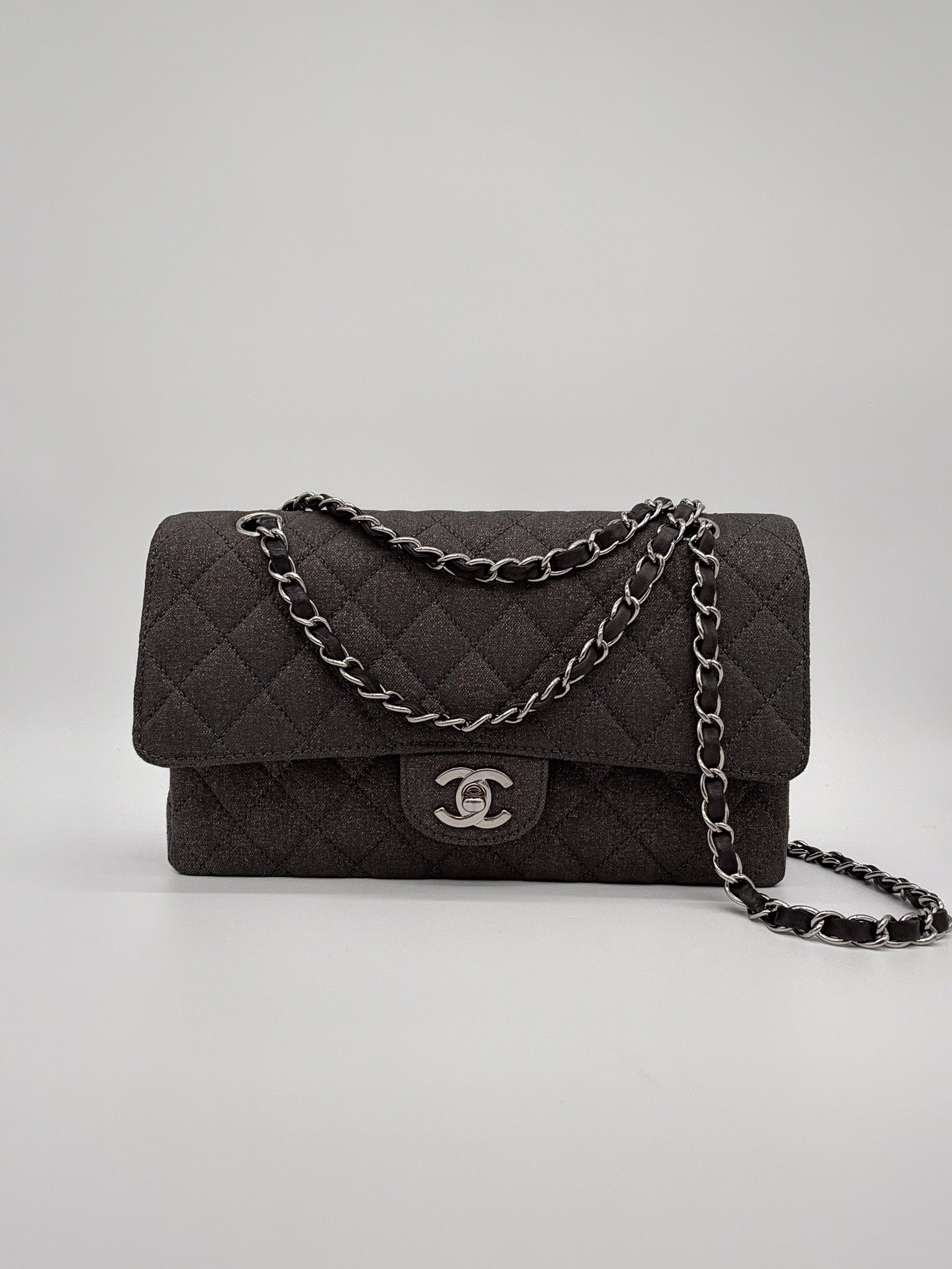 Chanel Denim Classic Double Flap Bag in Metallic Grey
