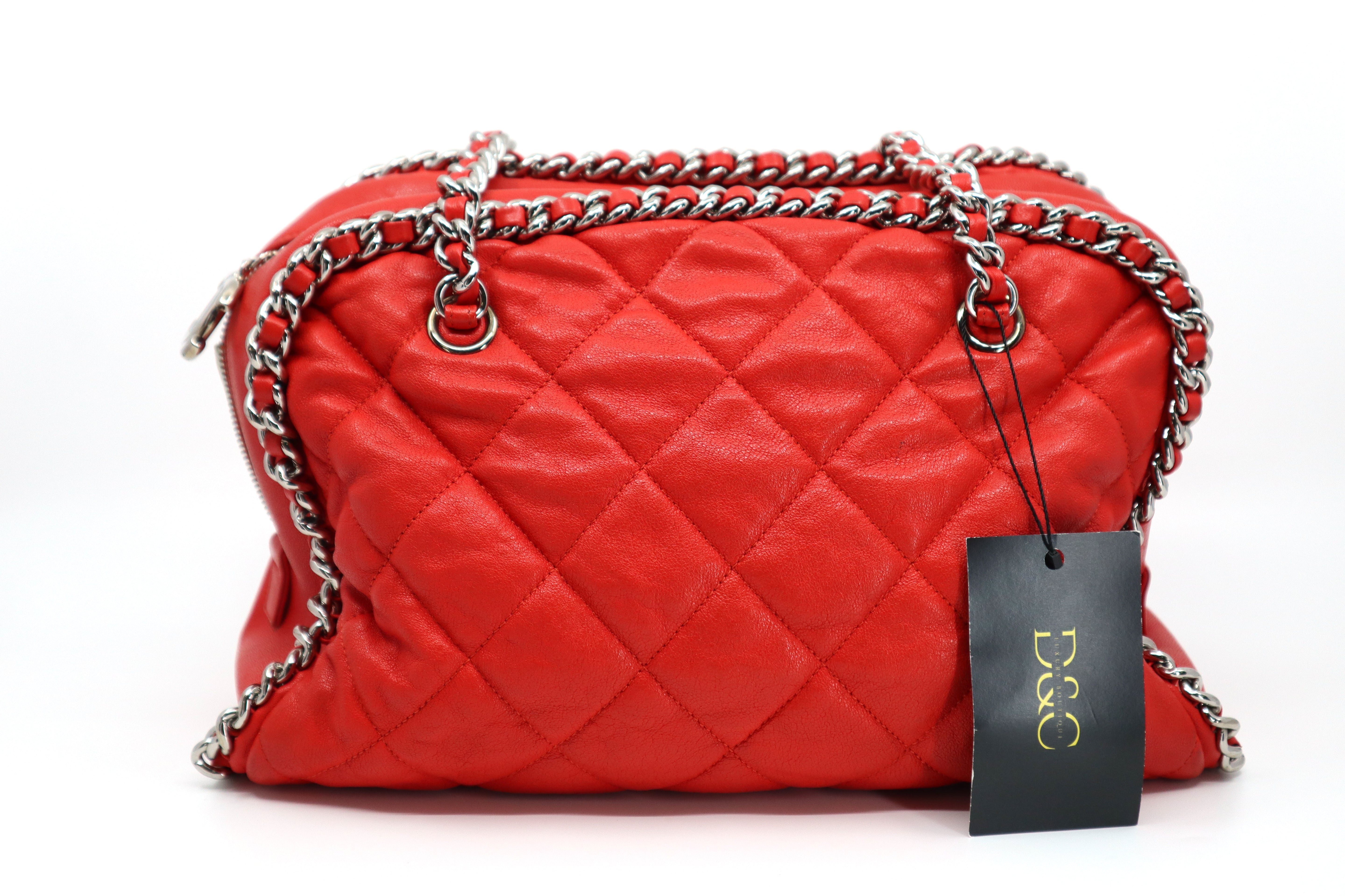 CHANEL Red Quilted Leather Chain Around Bowler Bag