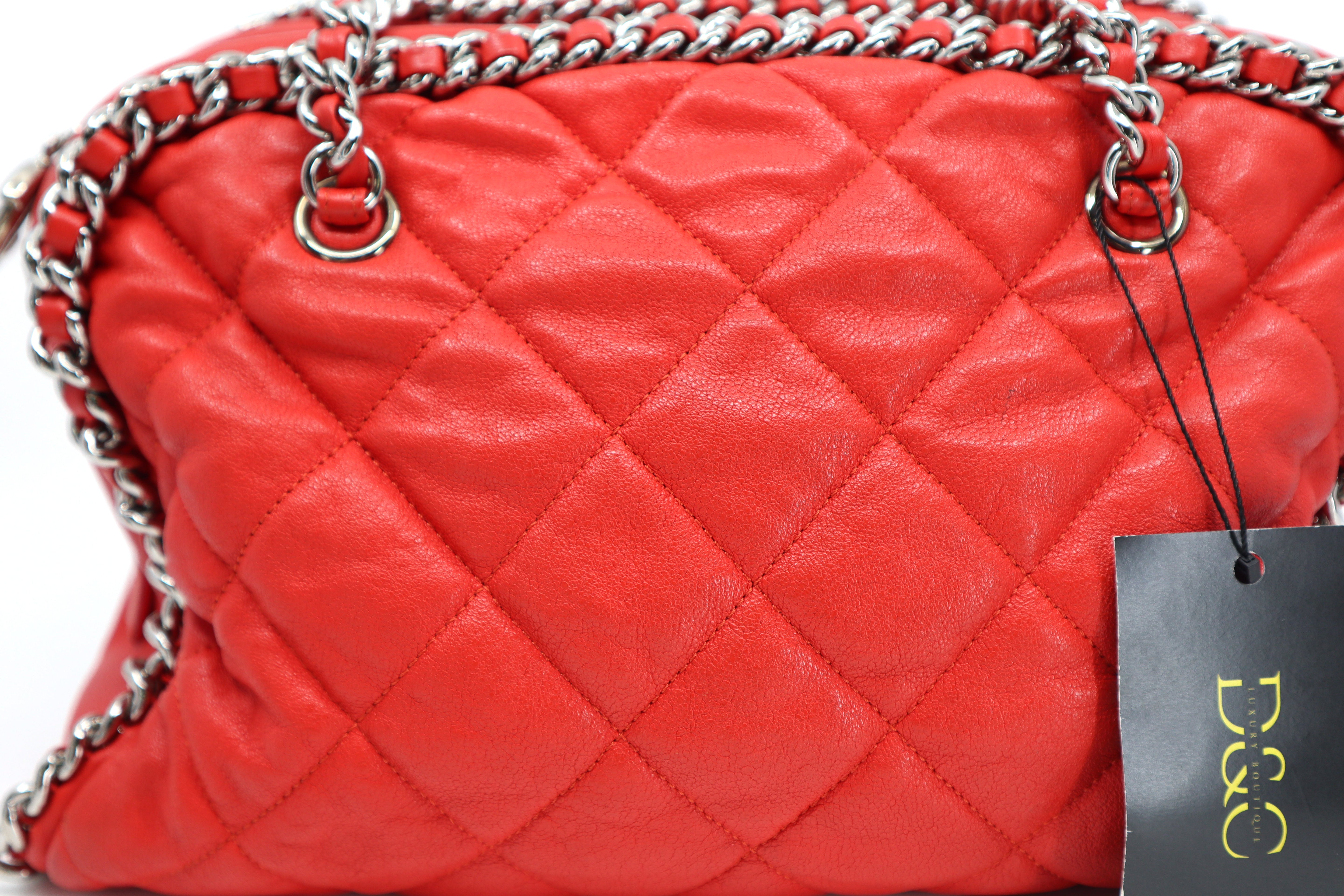 CHANEL Red Quilted Leather Chain Around Bowler Bag