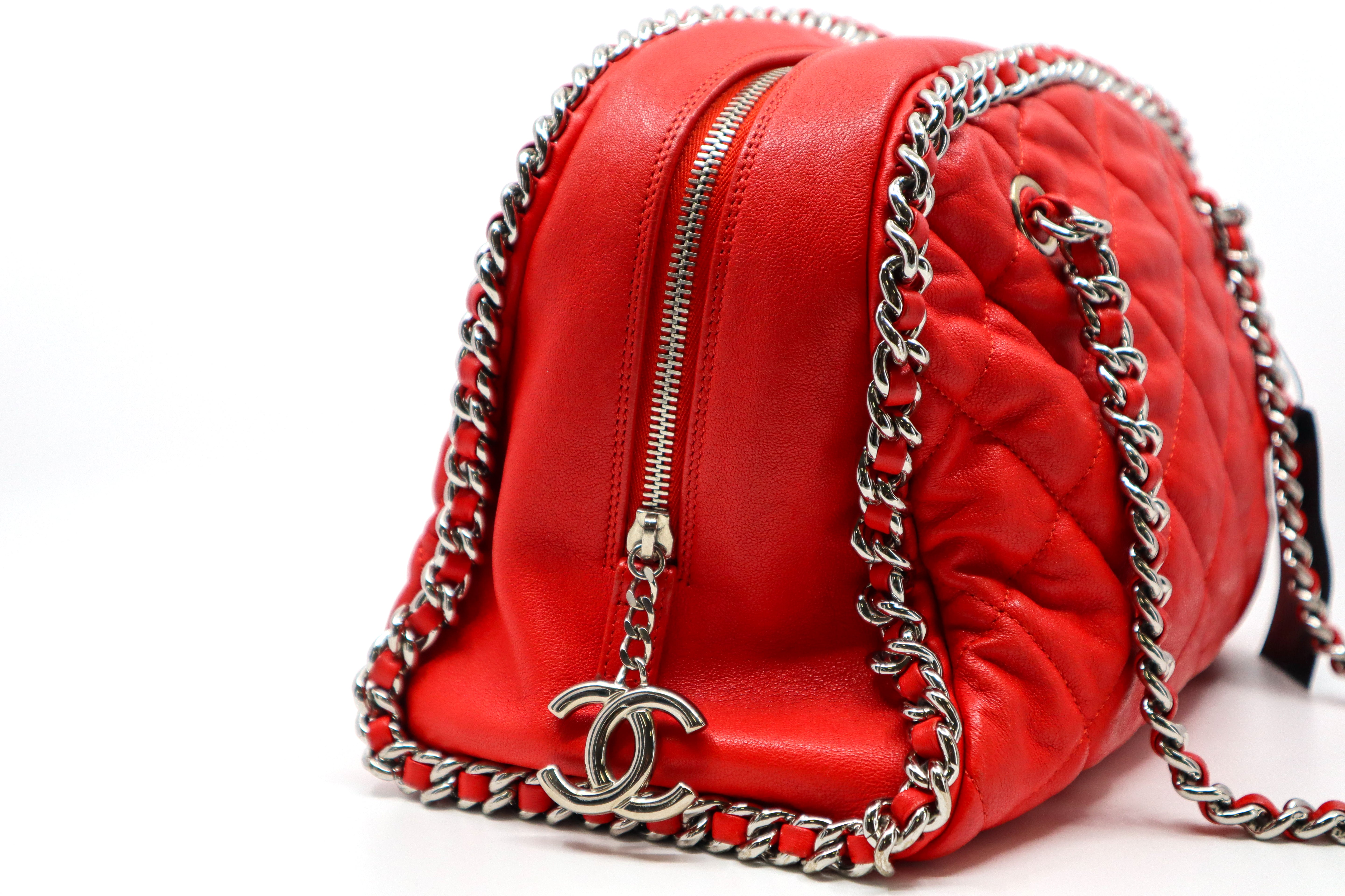 CHANEL Red Quilted Leather Chain Around Bowler Bag