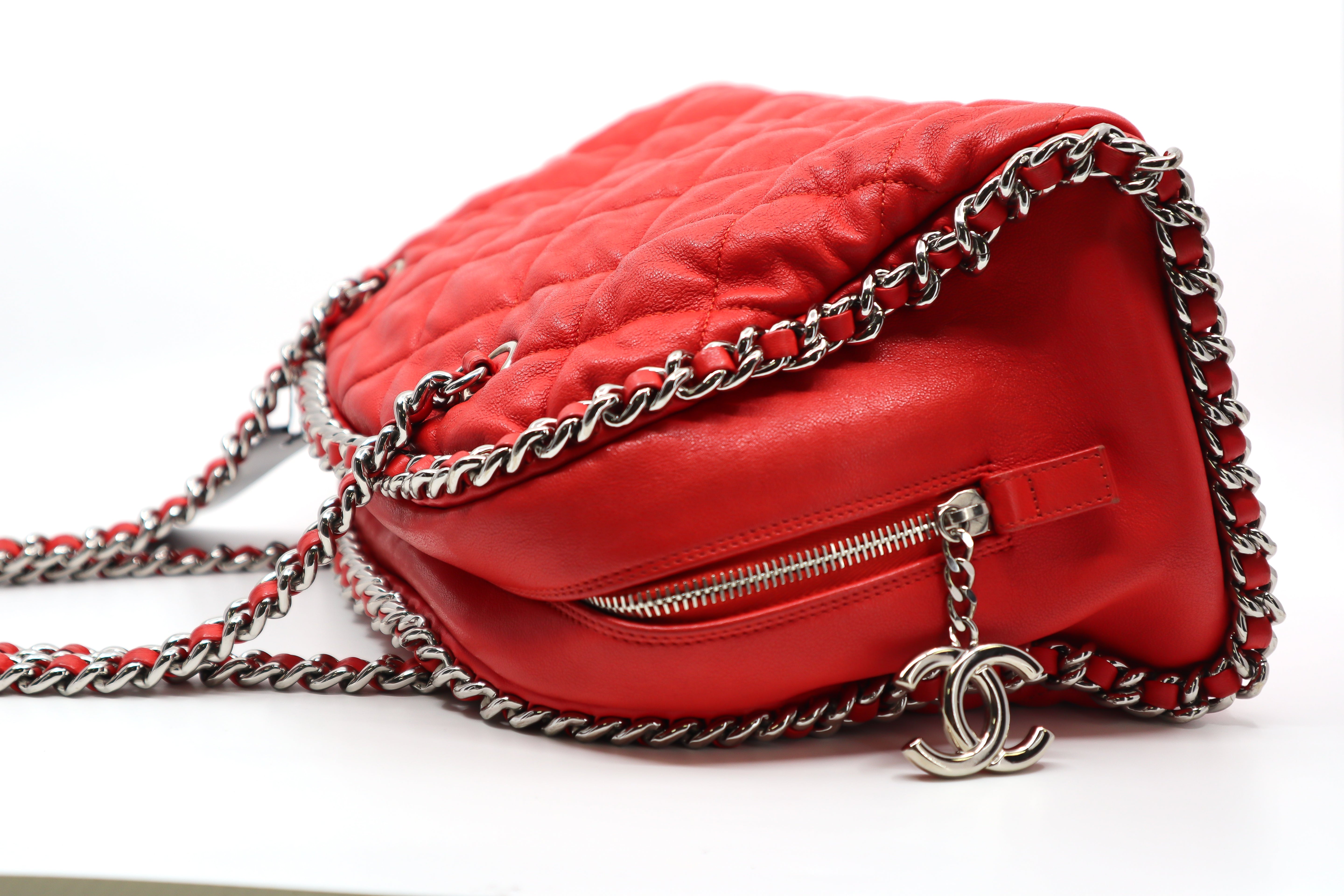 CHANEL Red Quilted Leather Chain Around Bowler Bag