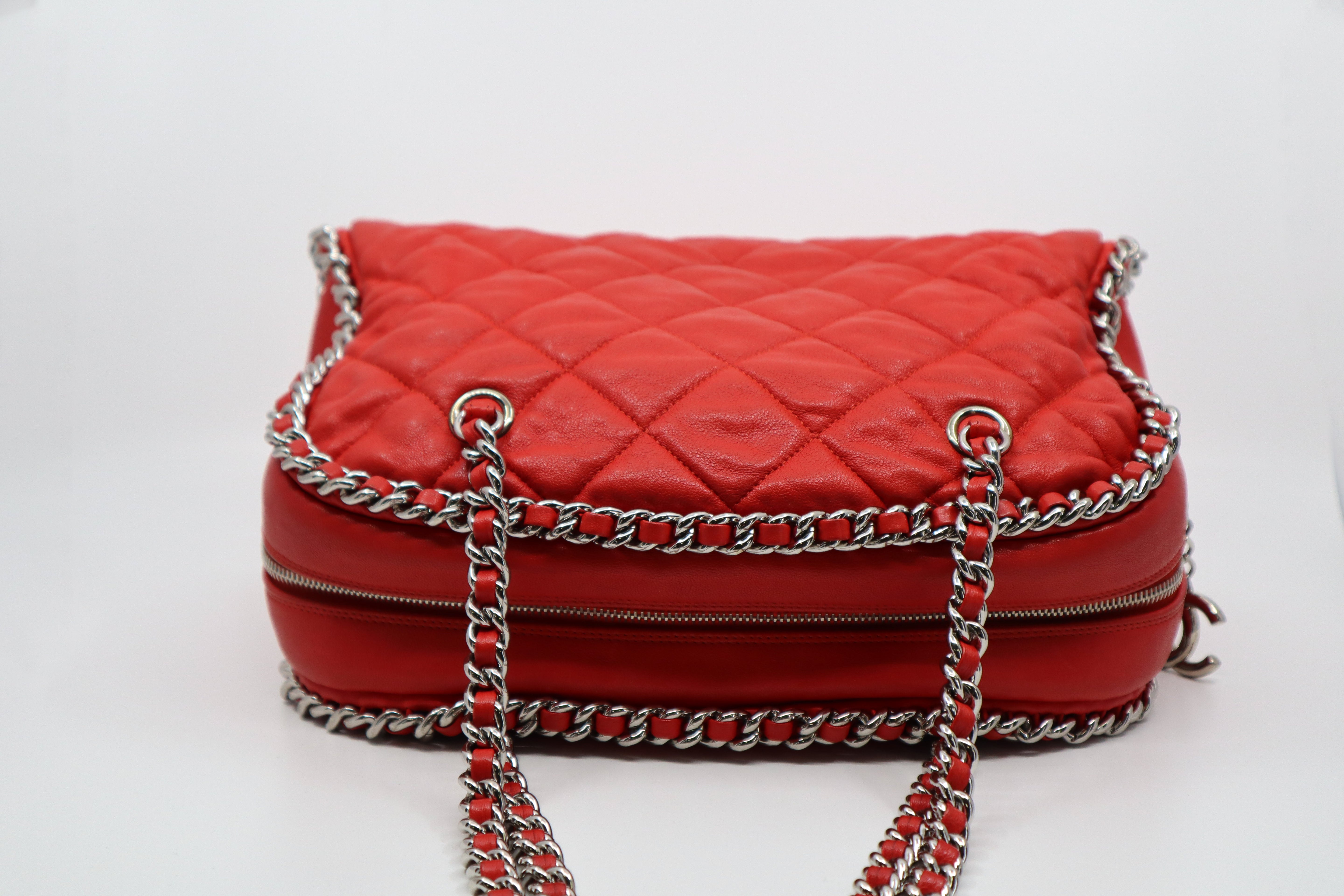 CHANEL Red Quilted Leather Chain Around Bowler Bag