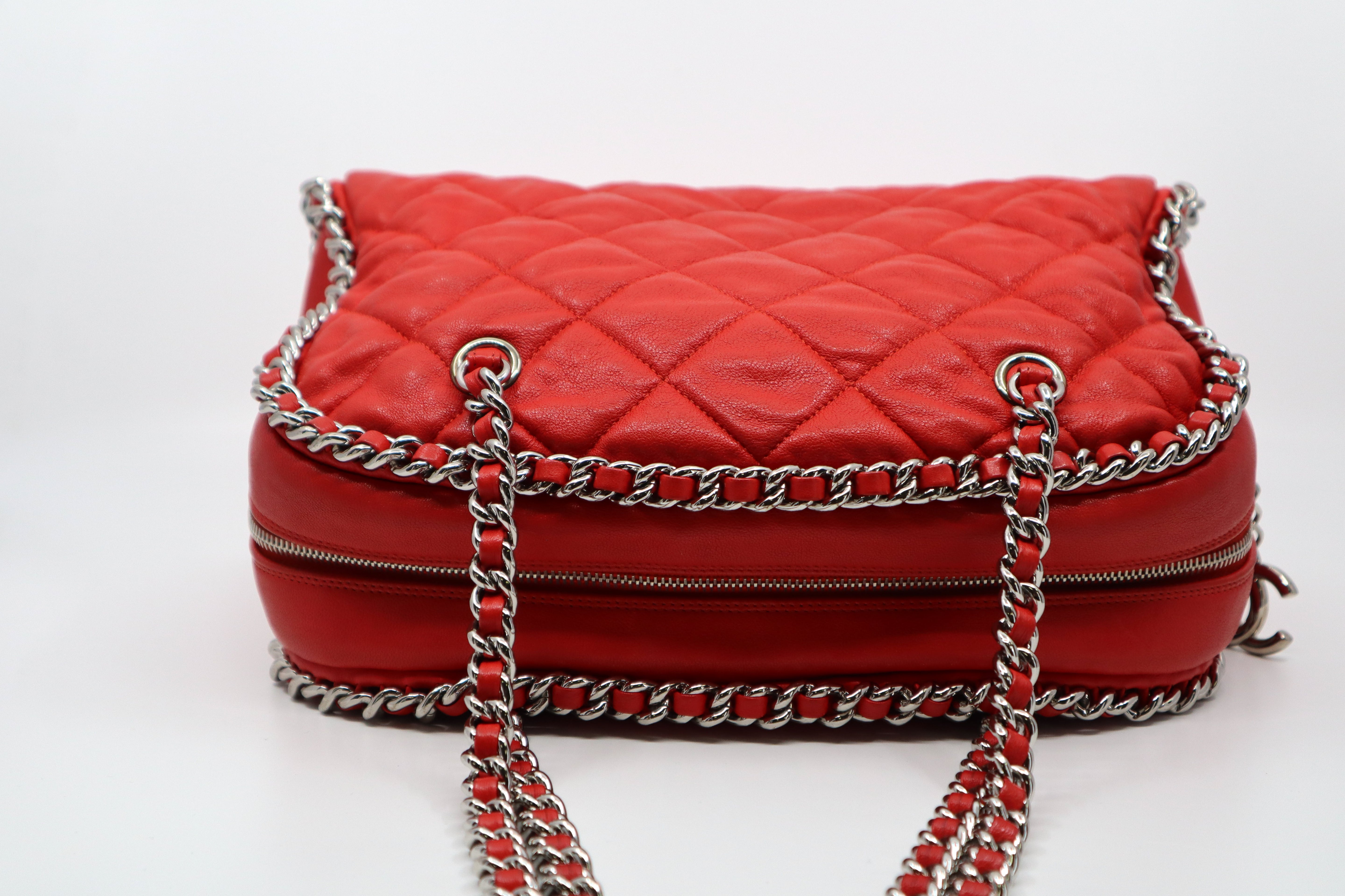 CHANEL Red Quilted Leather Chain Around Bowler Bag