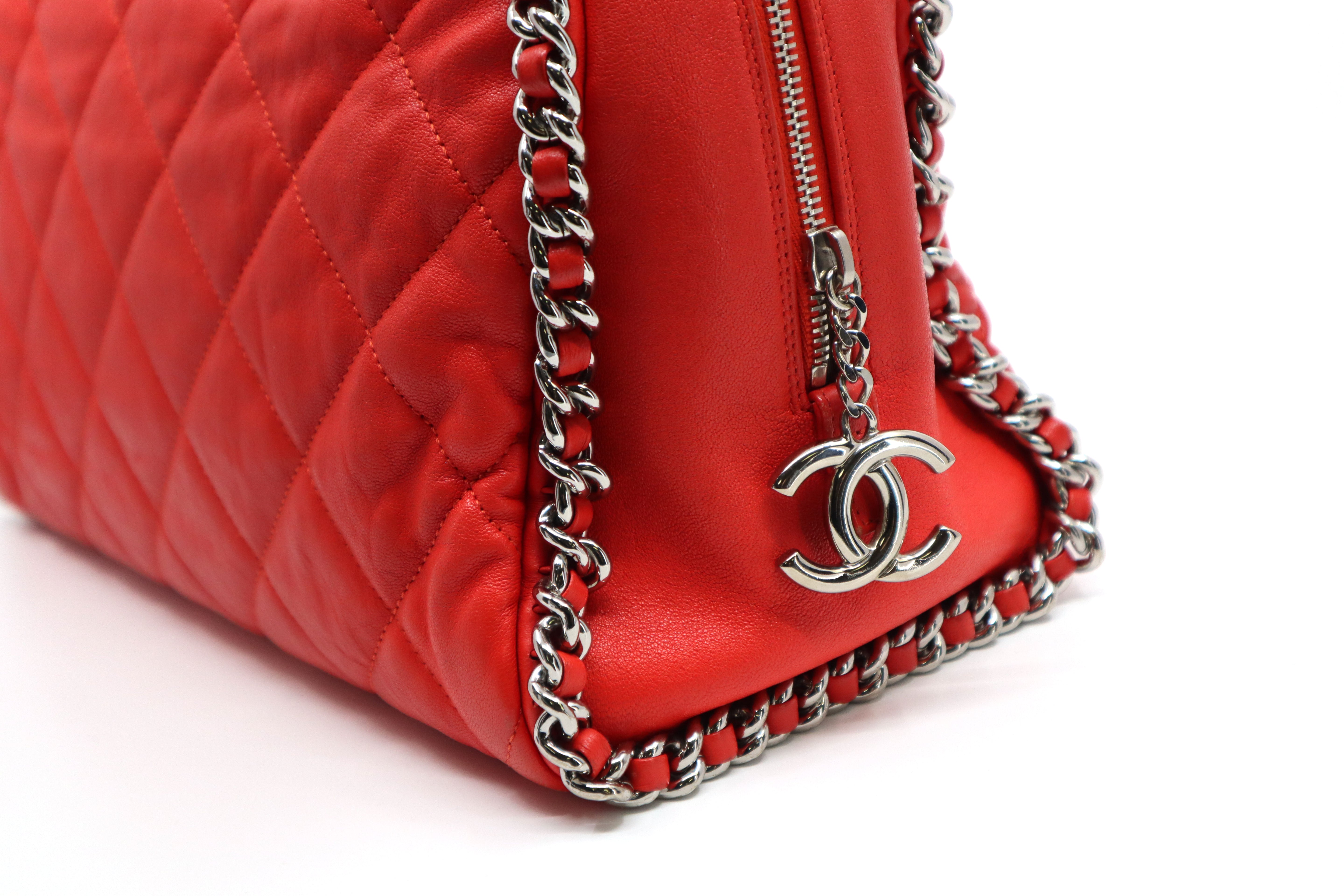 CHANEL Red Quilted Leather Chain Around Bowler Bag