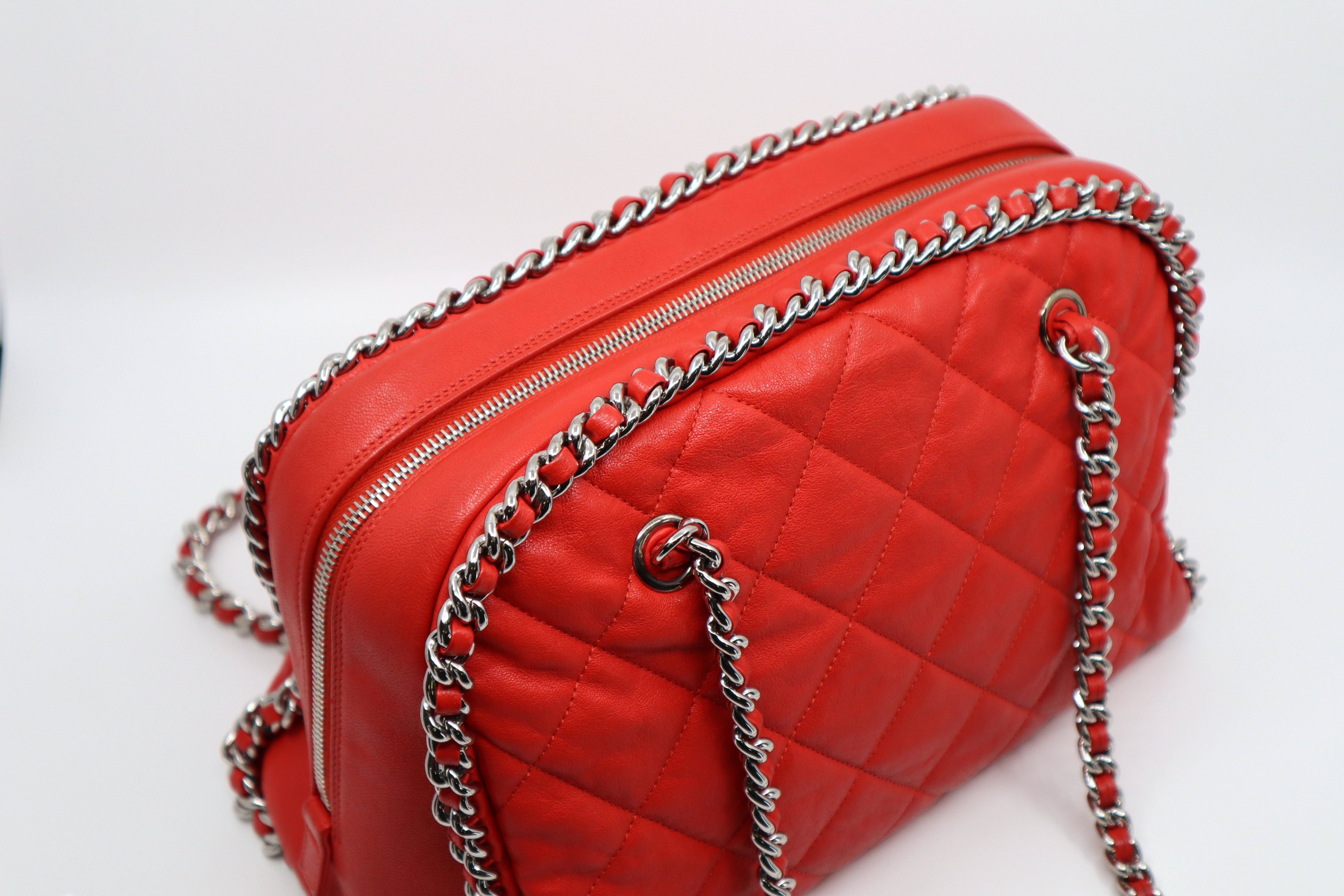 CHANEL Red Quilted Leather Chain Around Bowler Bag