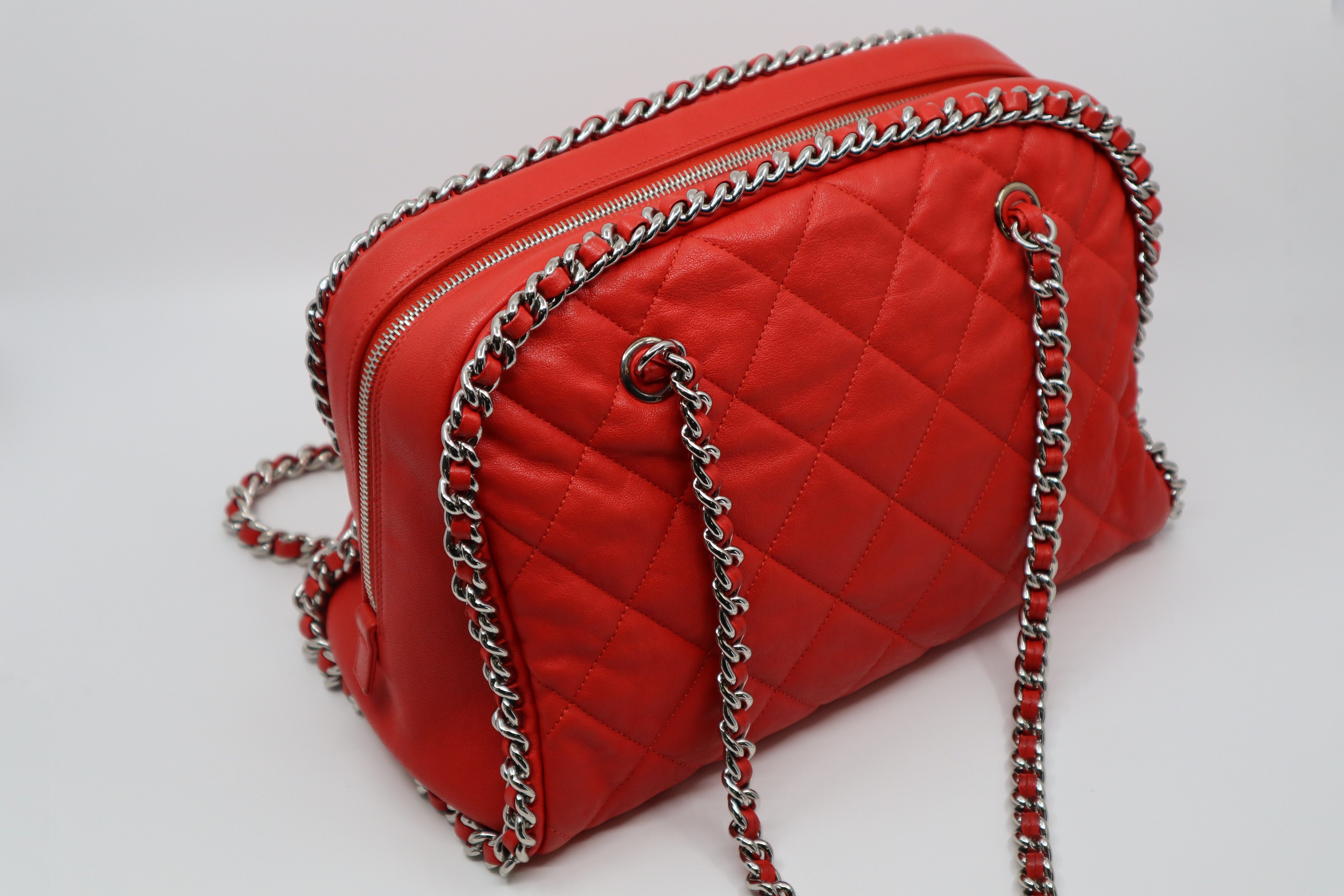 CHANEL Red Quilted Leather Chain Around Bowler Bag