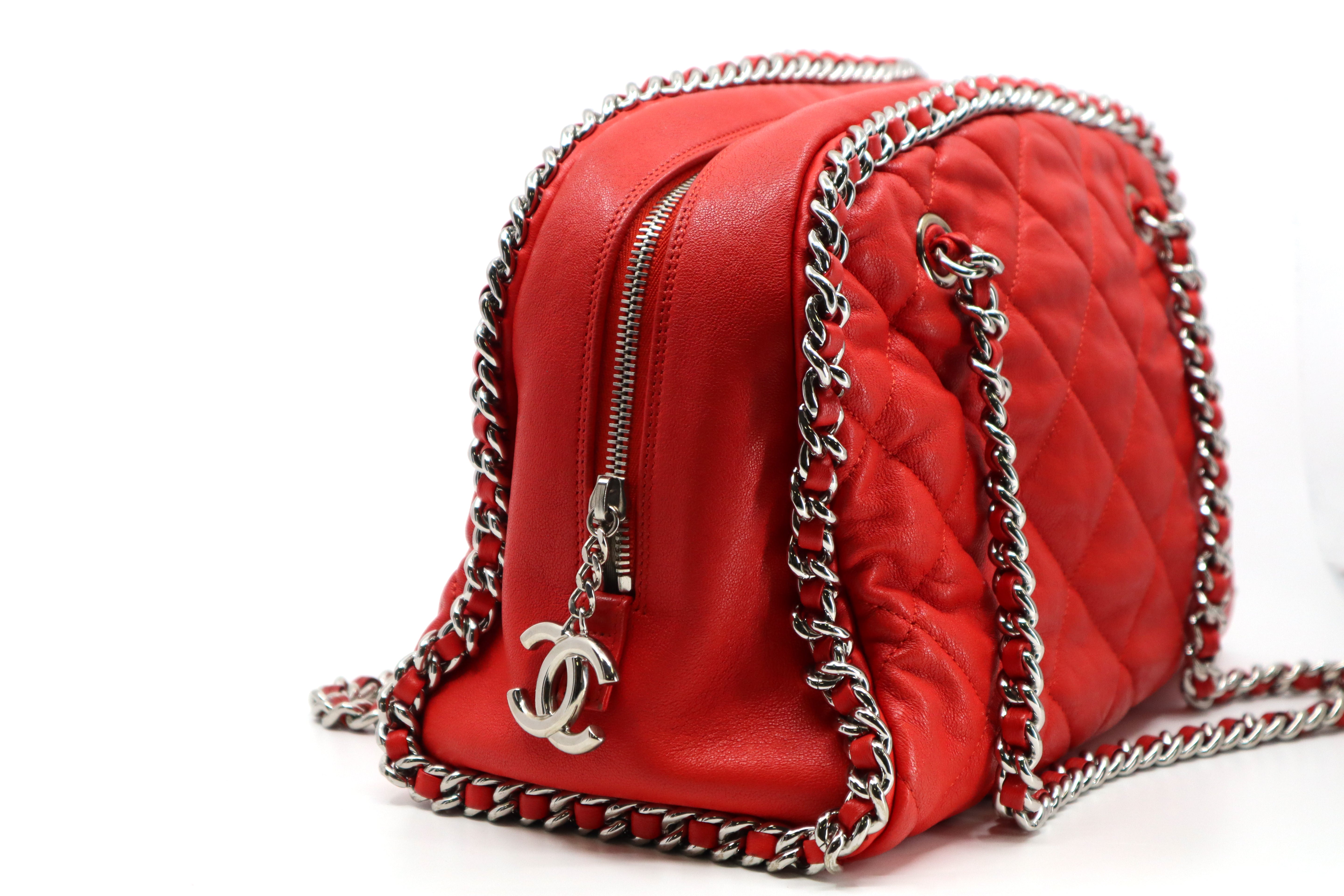 CHANEL Red Quilted Leather Chain Around Bowler Bag