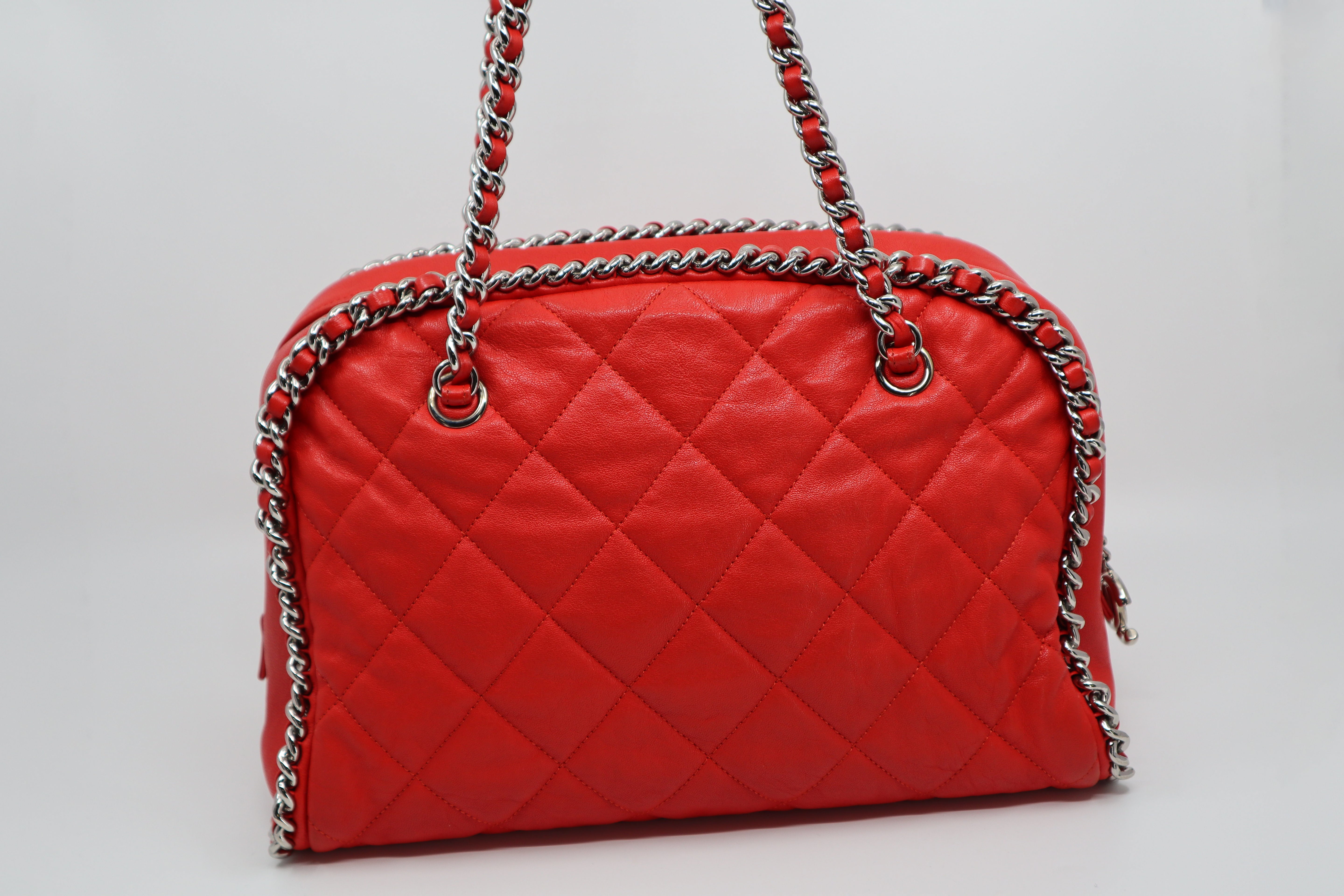 CHANEL Red Quilted Leather Chain Around Bowler Bag