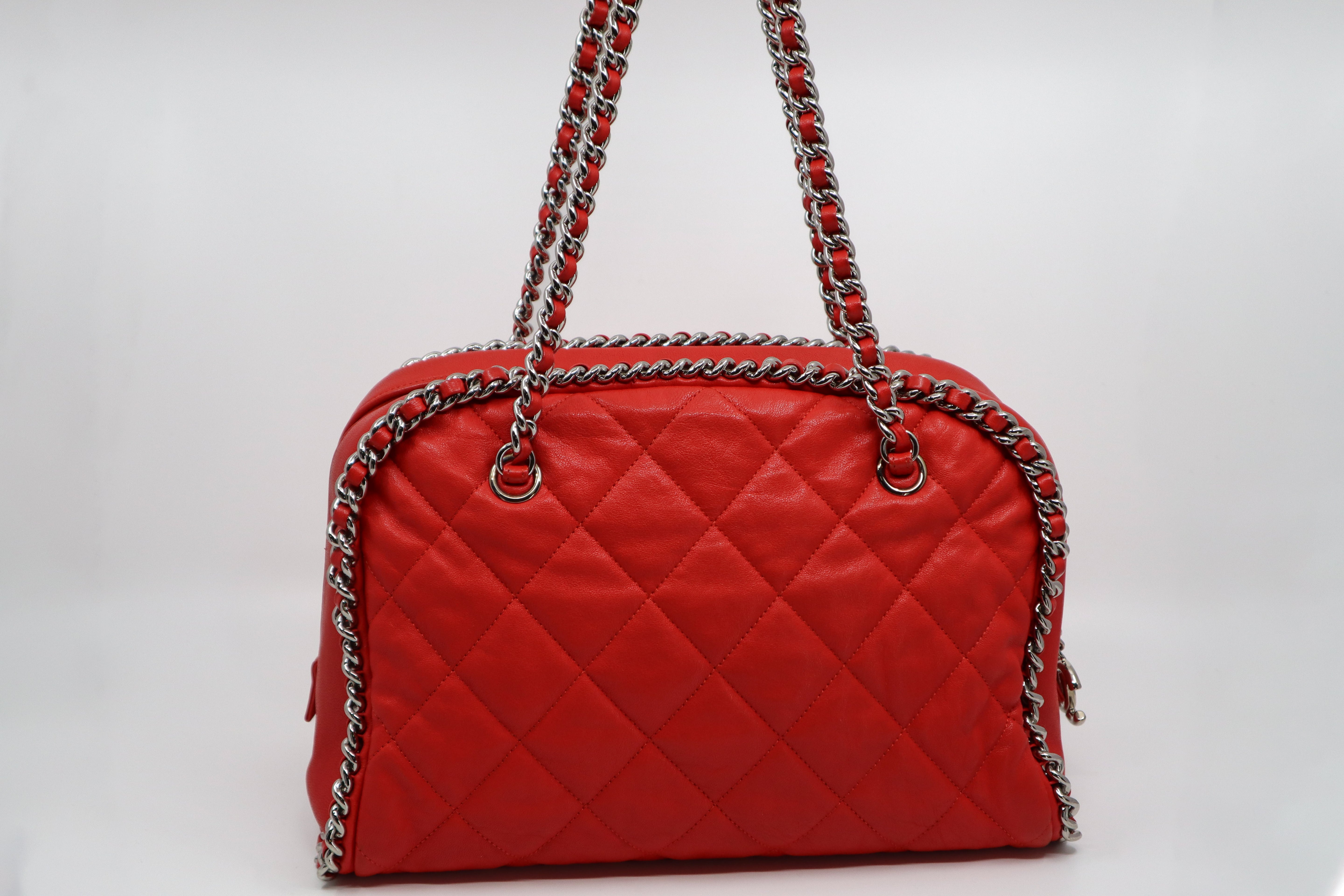 CHANEL Red Quilted Leather Chain Around Bowler Bag