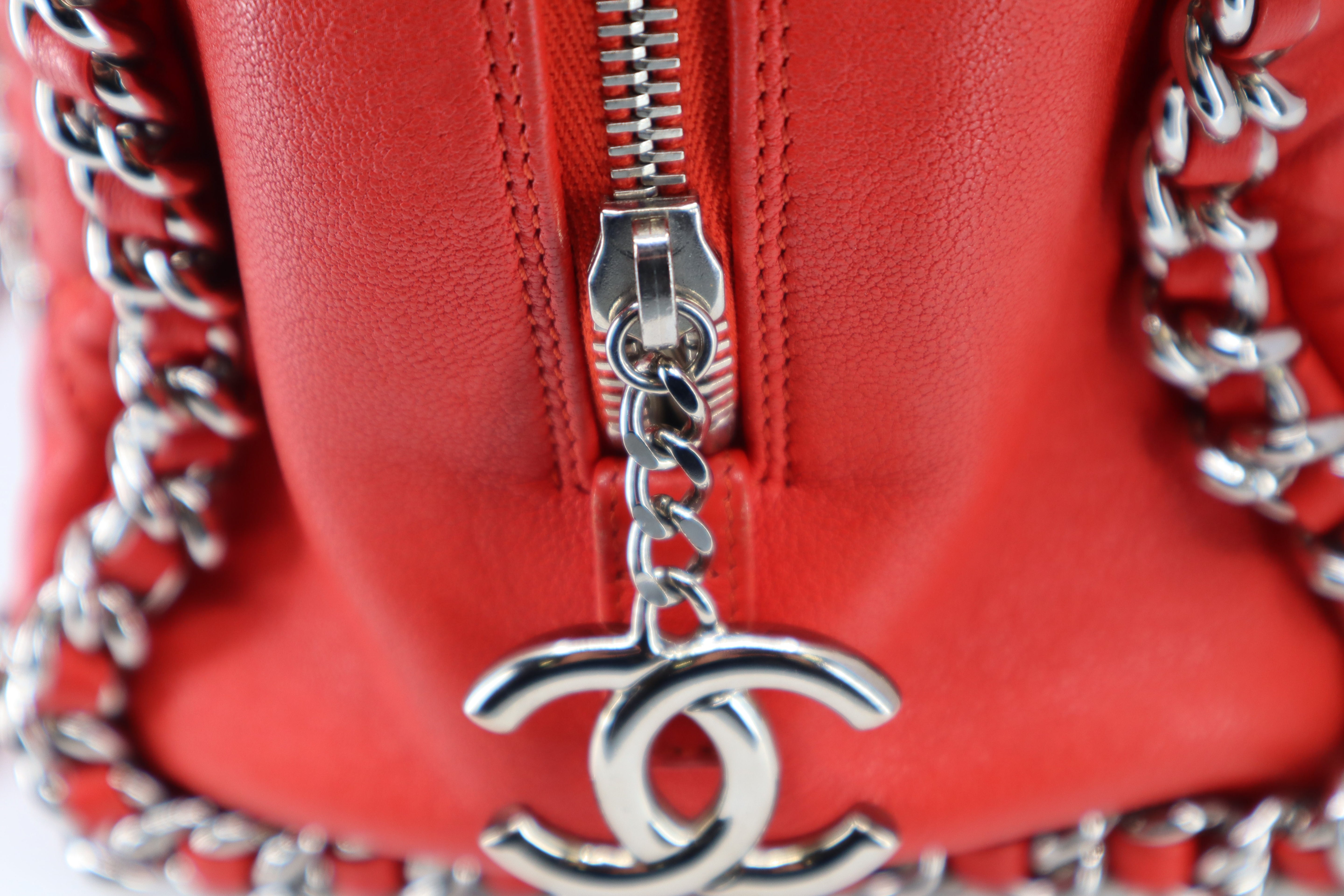 CHANEL Red Quilted Leather Chain Around Bowler Bag