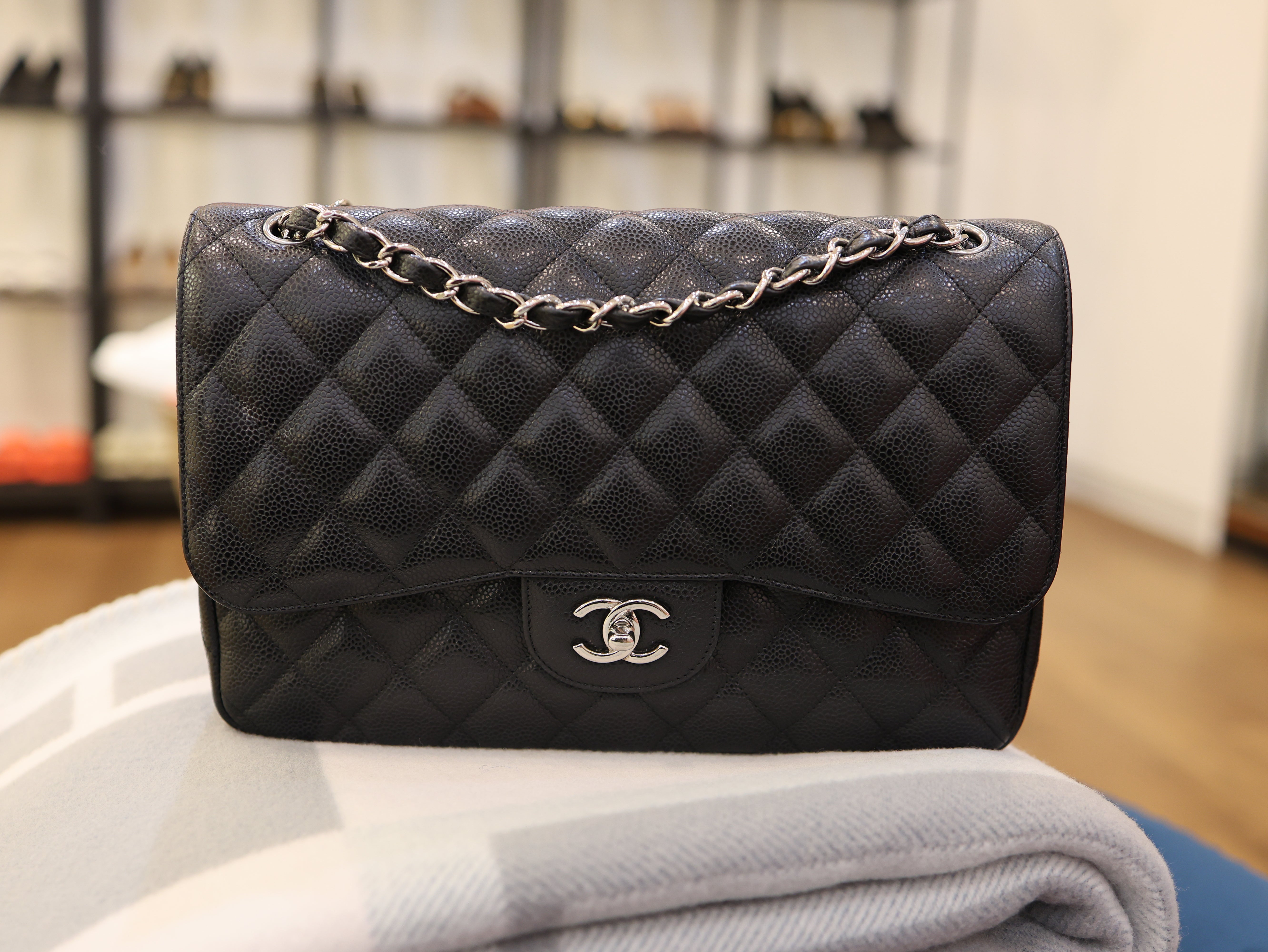 Chanel Jumbo Classic Double Flap Bag Black Caviar Silver Hardware