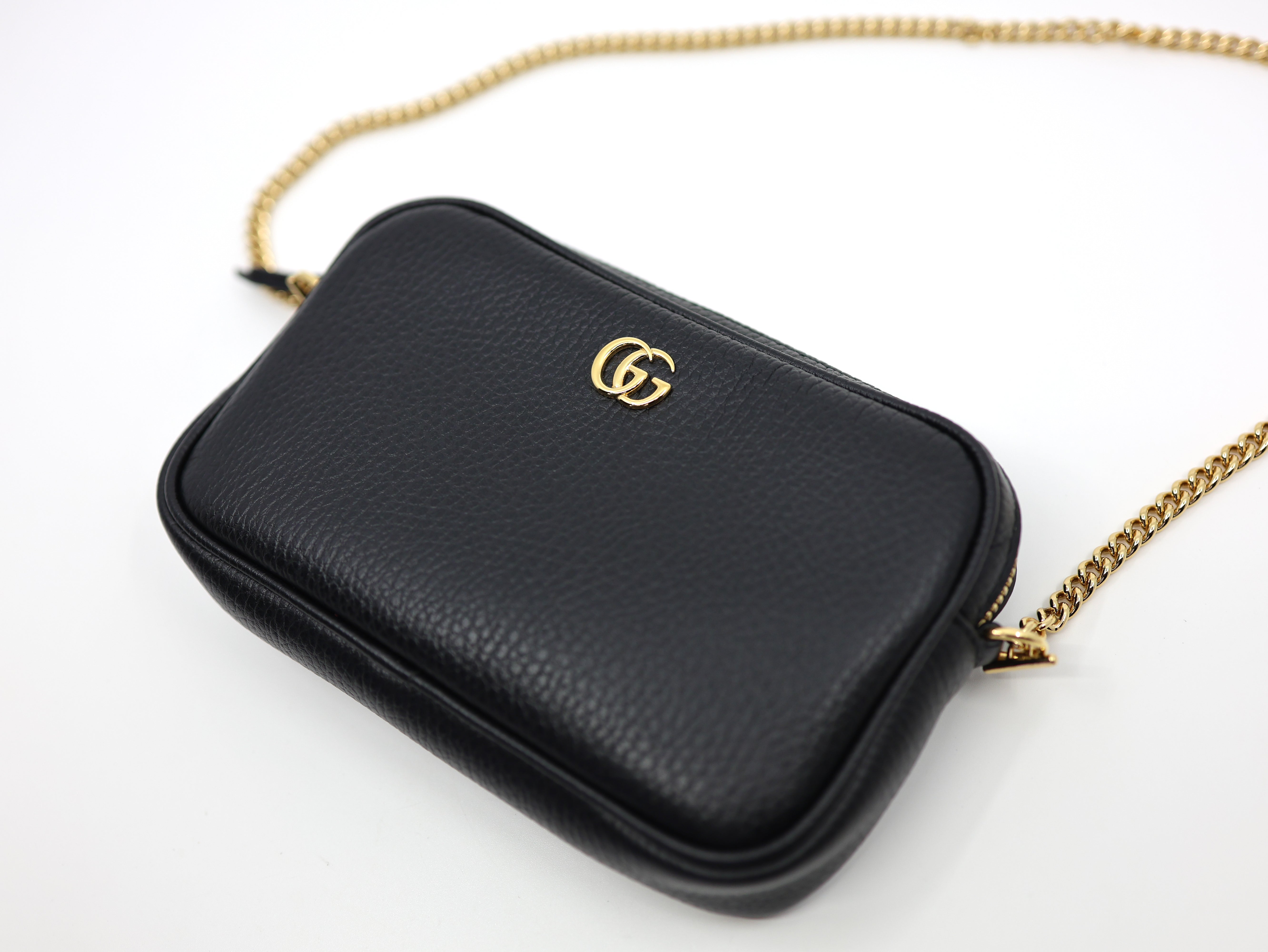 Gucci Calfskin Super Mini GG Marmont Chain Shoulder Bag Black