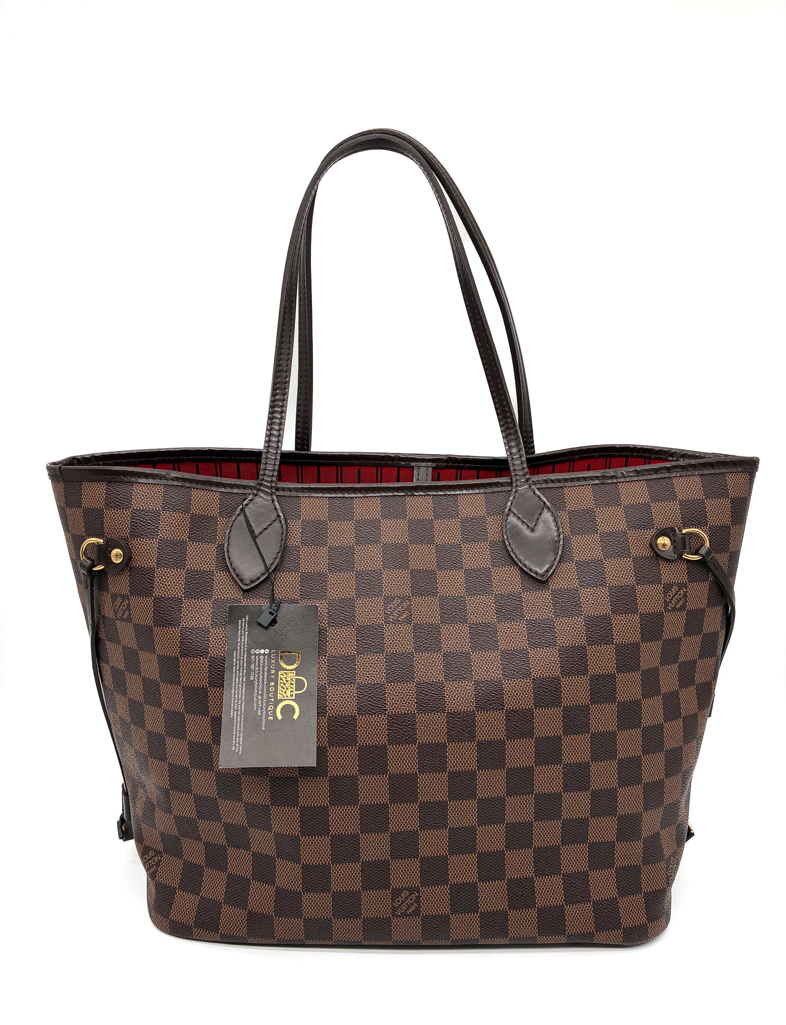 Louis Vuitton Damier Ebene Canvas Neverfull MM With Red Interior Tote Shoulder Bag