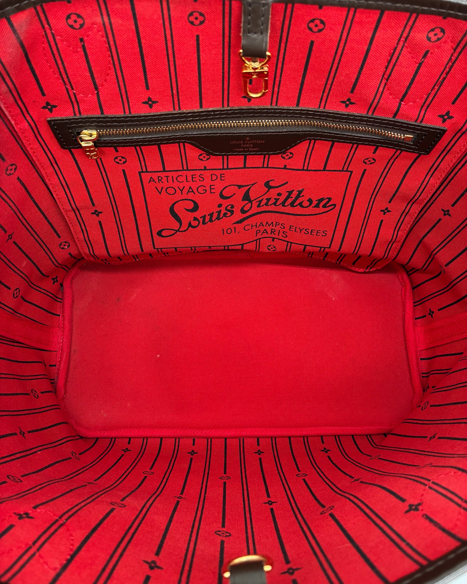 Louis Vuitton Damier Ebene Canvas Neverfull MM With Red Interior Tote Shoulder Bag